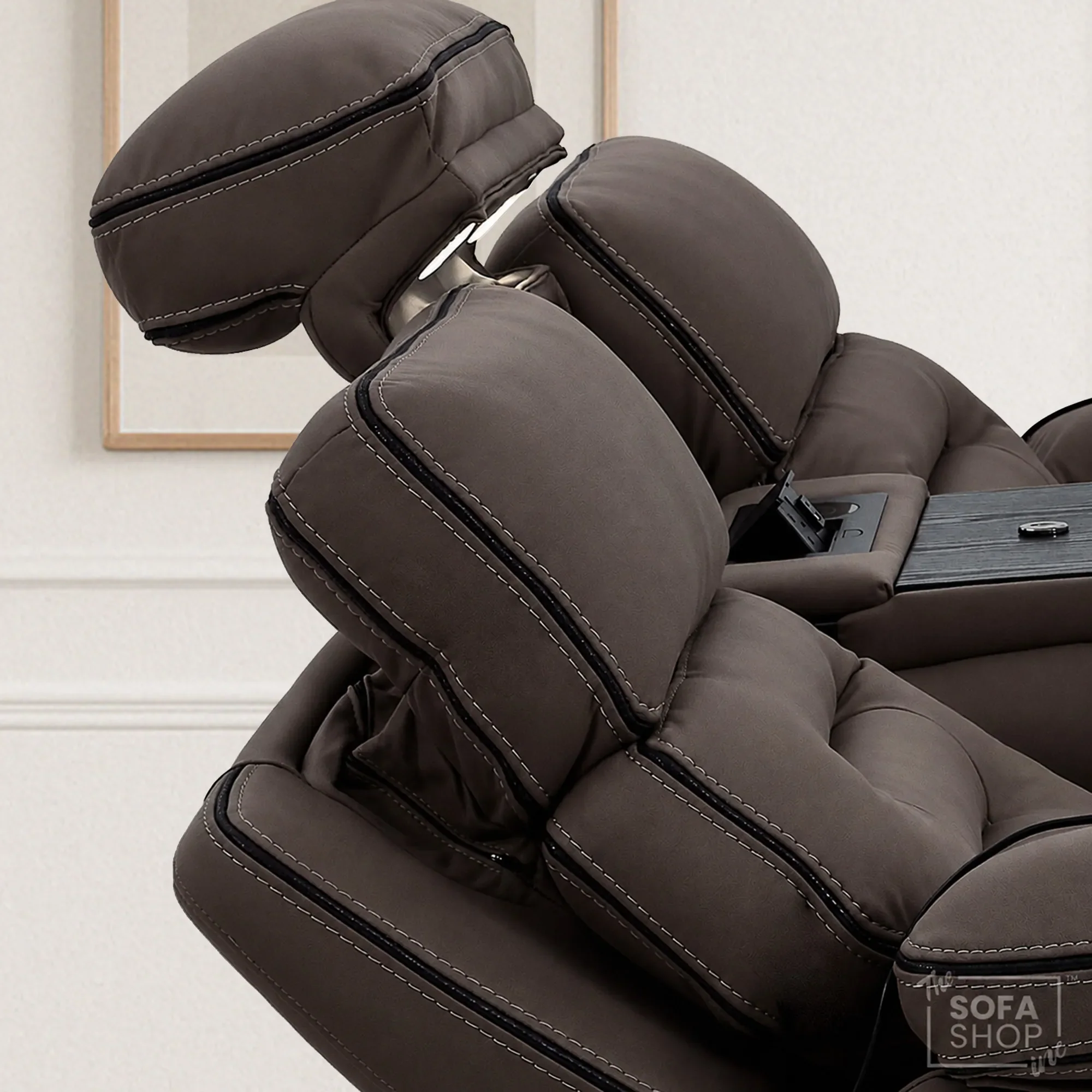 3 Seater Electric Recliner Cinema Sofa in Dark Brown Fabric | Hi-Tech Sofa With Massage, Fold-Down Table, Bluetooth Speakers, LED Lights & Power Headrest | Tuscany | The Sofa Shop - Image 6