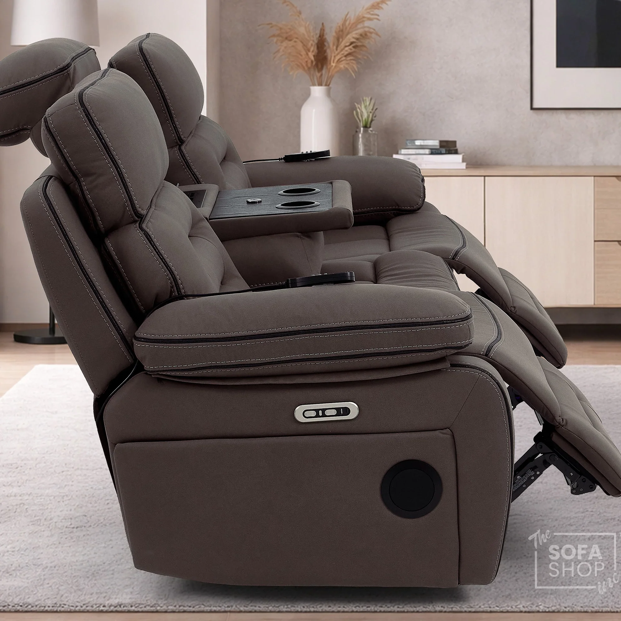 3 Seater Electric Recliner Cinema Sofa in Dark Brown Fabric | Hi-Tech Sofa With Massage, Fold-Down Table, Bluetooth Speakers, LED Lights & Power Headrest | Tuscany | The Sofa Shop - Image 7