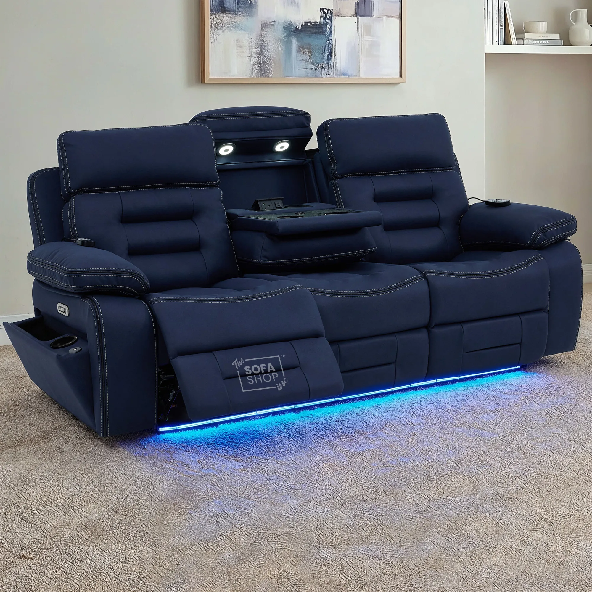 3 Seater Blue Fabric Electric Recliner Cinema Sofa | Hi-Tech Sofa With Massage, Multi-Link Bluetooth, Fold-Down Table & Wireless Charger, Power Headrest | Tuscany | The Sofa Shop