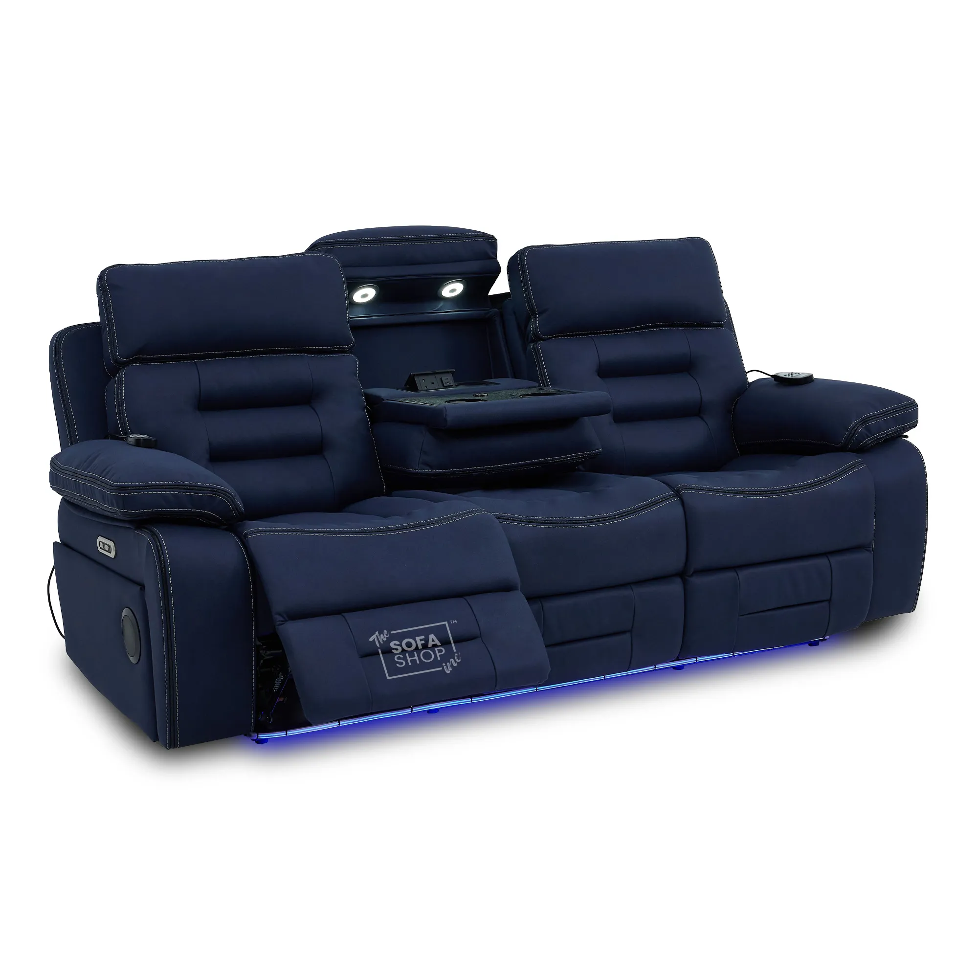 3 Seater Blue Fabric Electric Recliner Cinema Sofa | Hi-Tech Sofa With Massage, Multi-Link Bluetooth, Fold-Down Table & Wireless Charger, Power Headrest | Tuscany | The Sofa Shop - Image 18