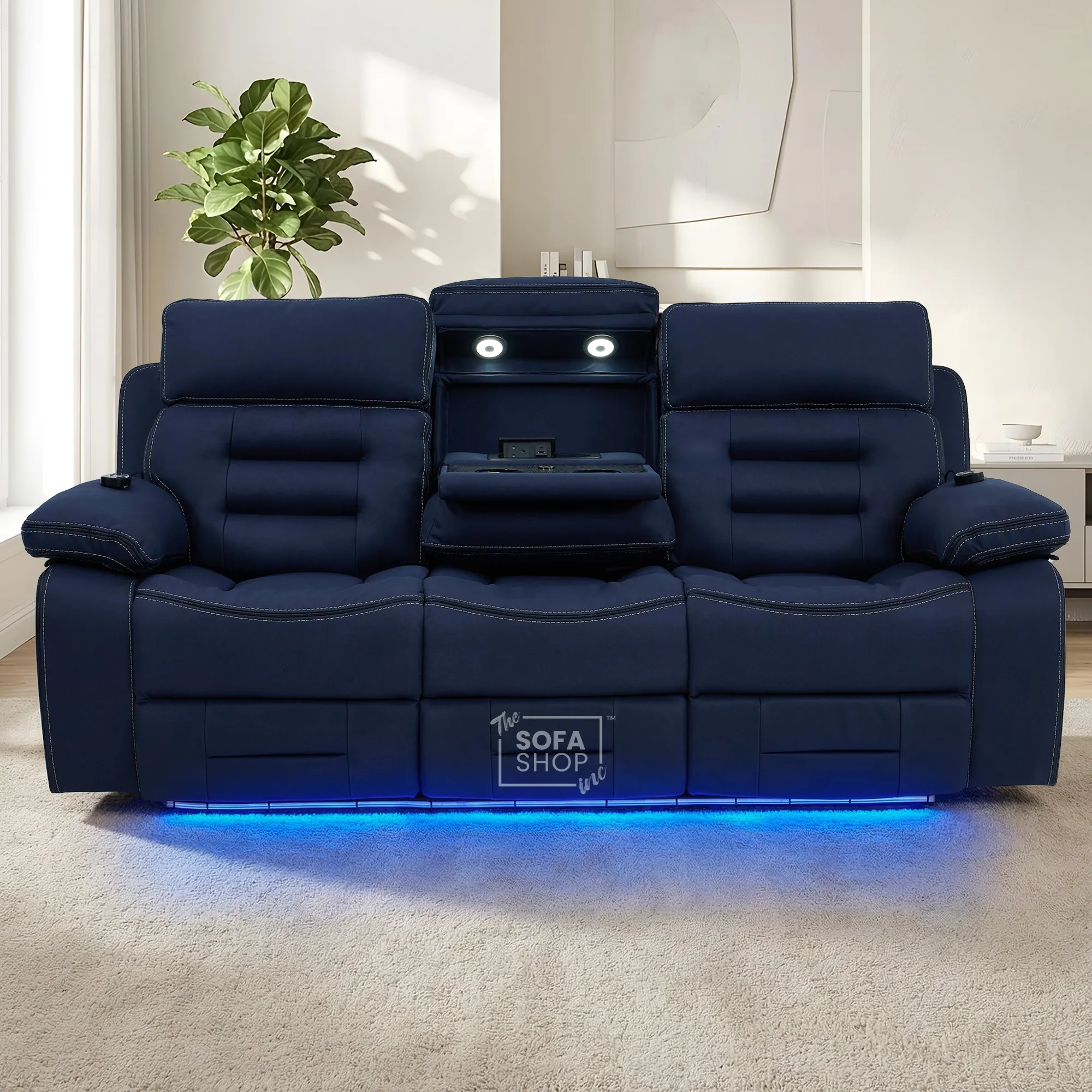 3 Seater Blue Fabric Electric Recliner Cinema Sofa | Hi-Tech Sofa With Massage, Multi-Link Bluetooth, Fold-Down Table & Wireless Charger, Power Headrest | Tuscany | The Sofa Shop - Image 2