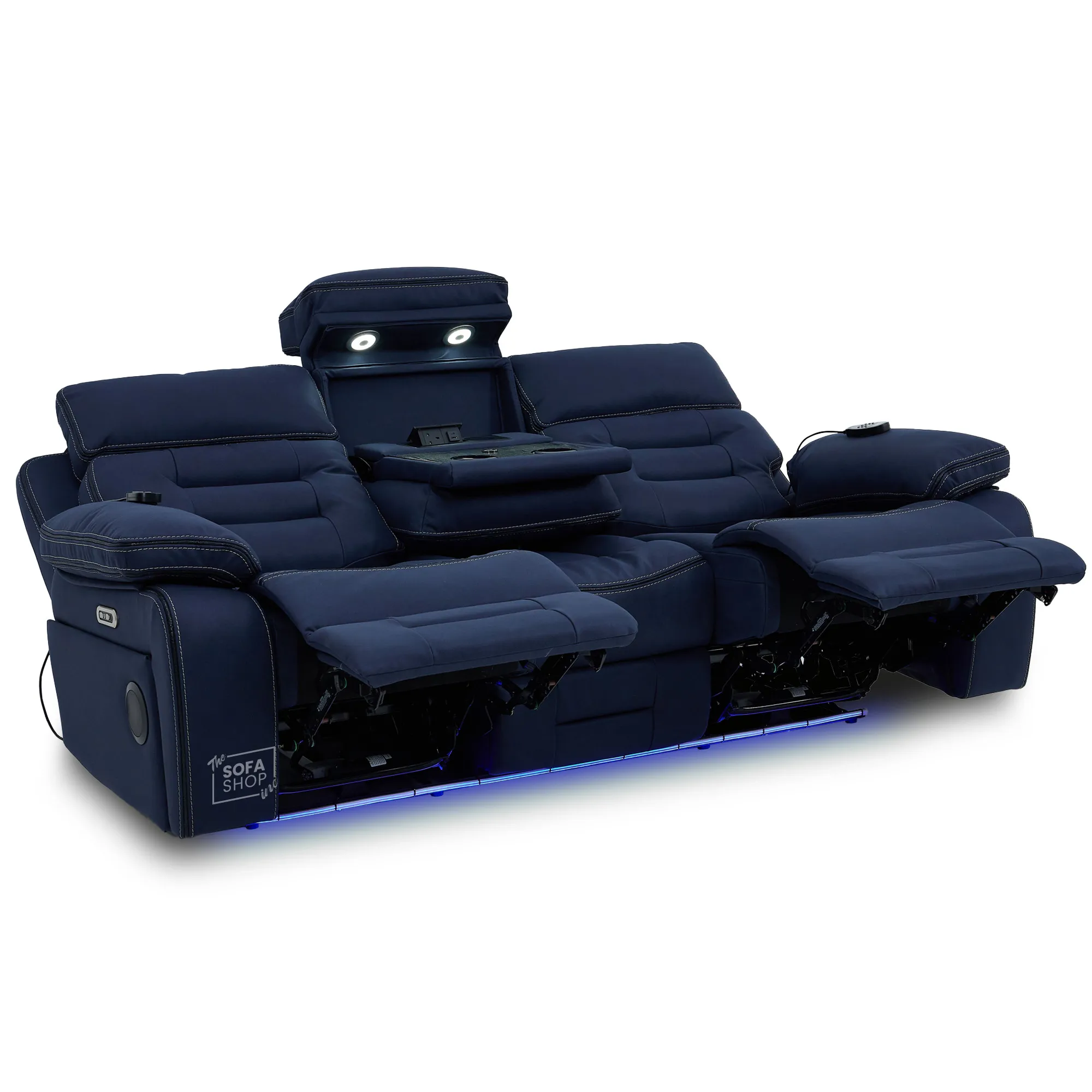 3 Seater Blue Fabric Electric Recliner Cinema Sofa | Hi-Tech Sofa With Massage, Multi-Link Bluetooth, Fold-Down Table & Wireless Charger, Power Headrest | Tuscany | The Sofa Shop - Image 20