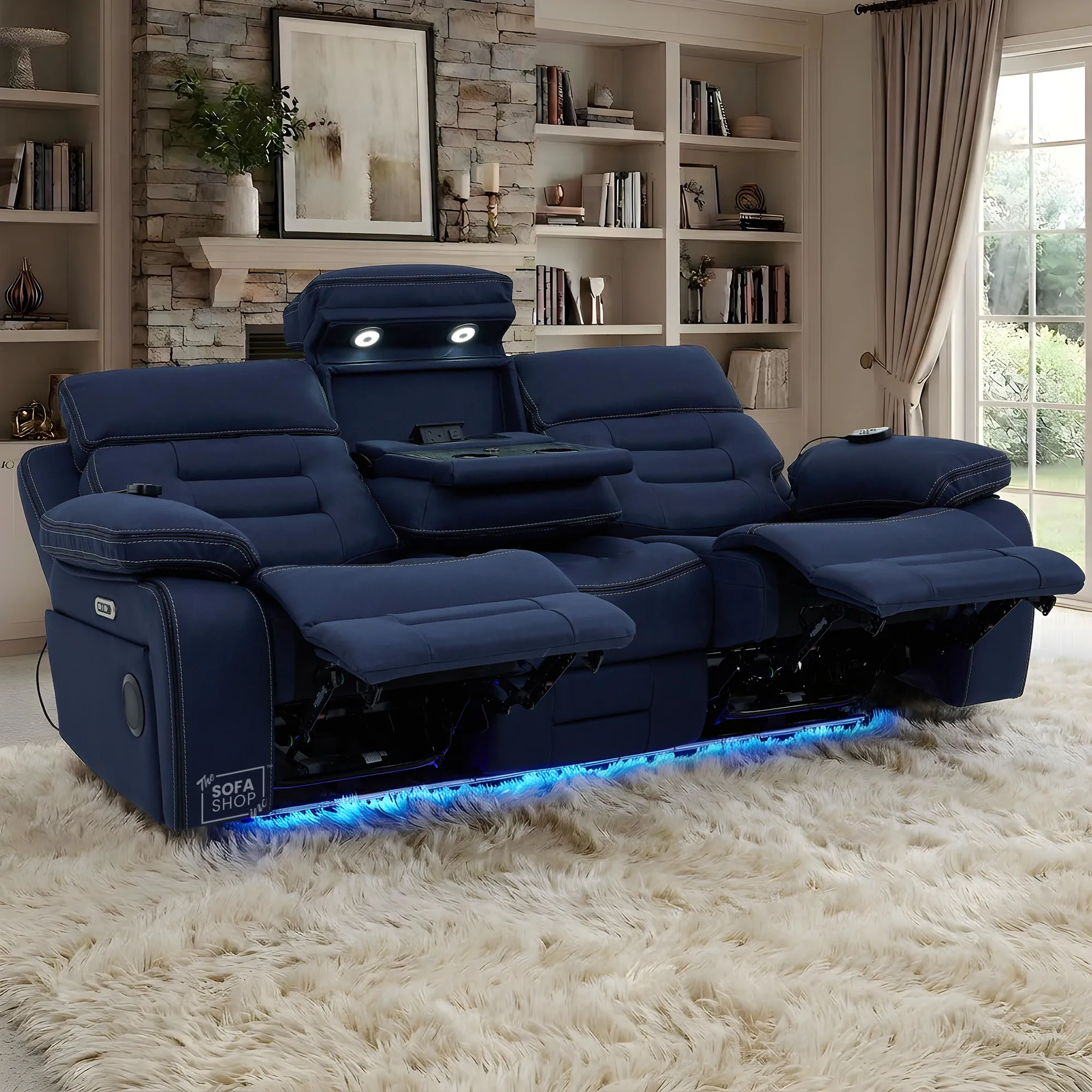 3 Seater Blue Fabric Electric Recliner Cinema Sofa | Hi-Tech Sofa With Massage, Multi-Link Bluetooth, Fold-Down Table & Wireless Charger, Power Headrest | Tuscany | The Sofa Shop - Image 3