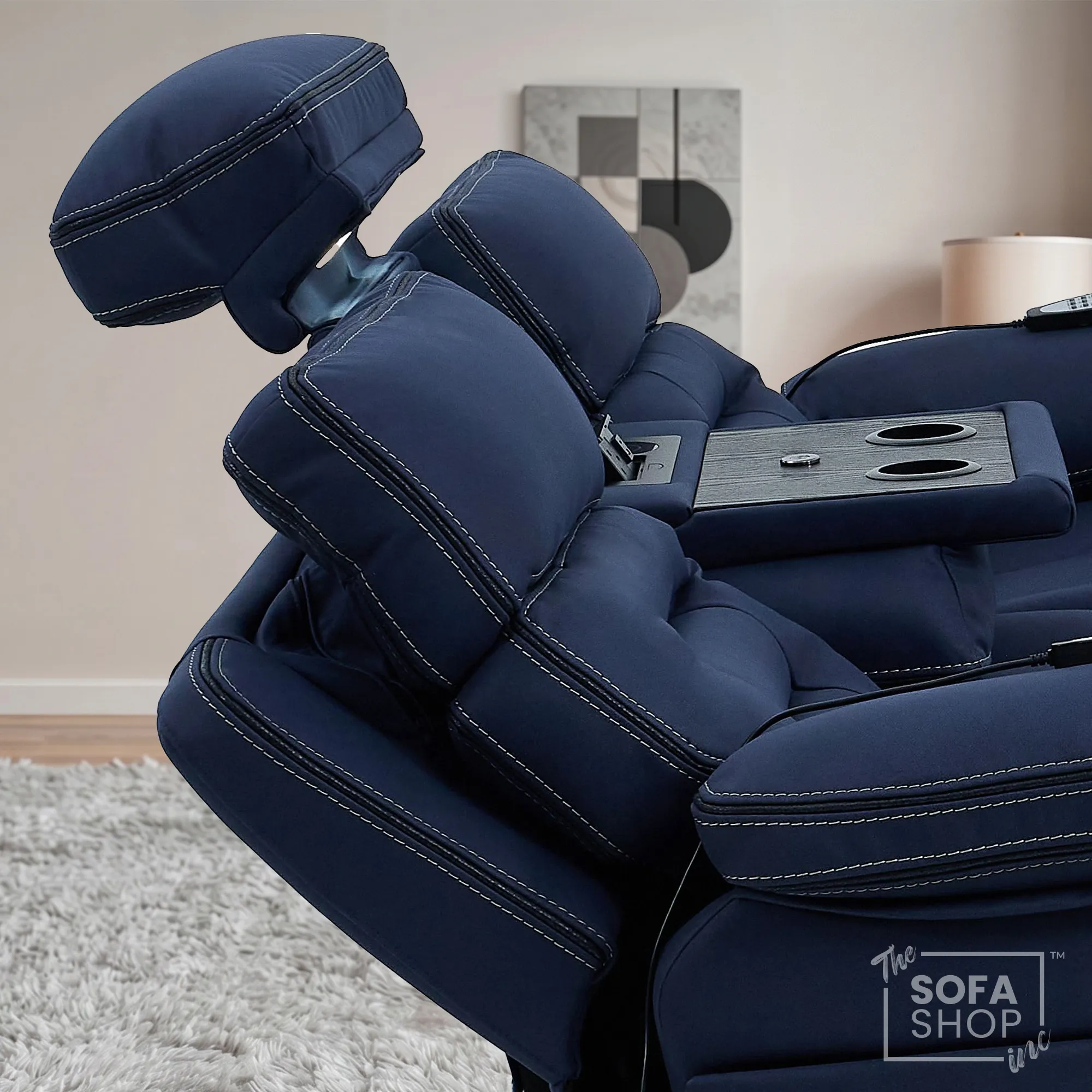 3 Seater Blue Fabric Electric Recliner Cinema Sofa | Hi-Tech Sofa With Massage, Multi-Link Bluetooth, Fold-Down Table & Wireless Charger, Power Headrest | Tuscany | The Sofa Shop - Image 5