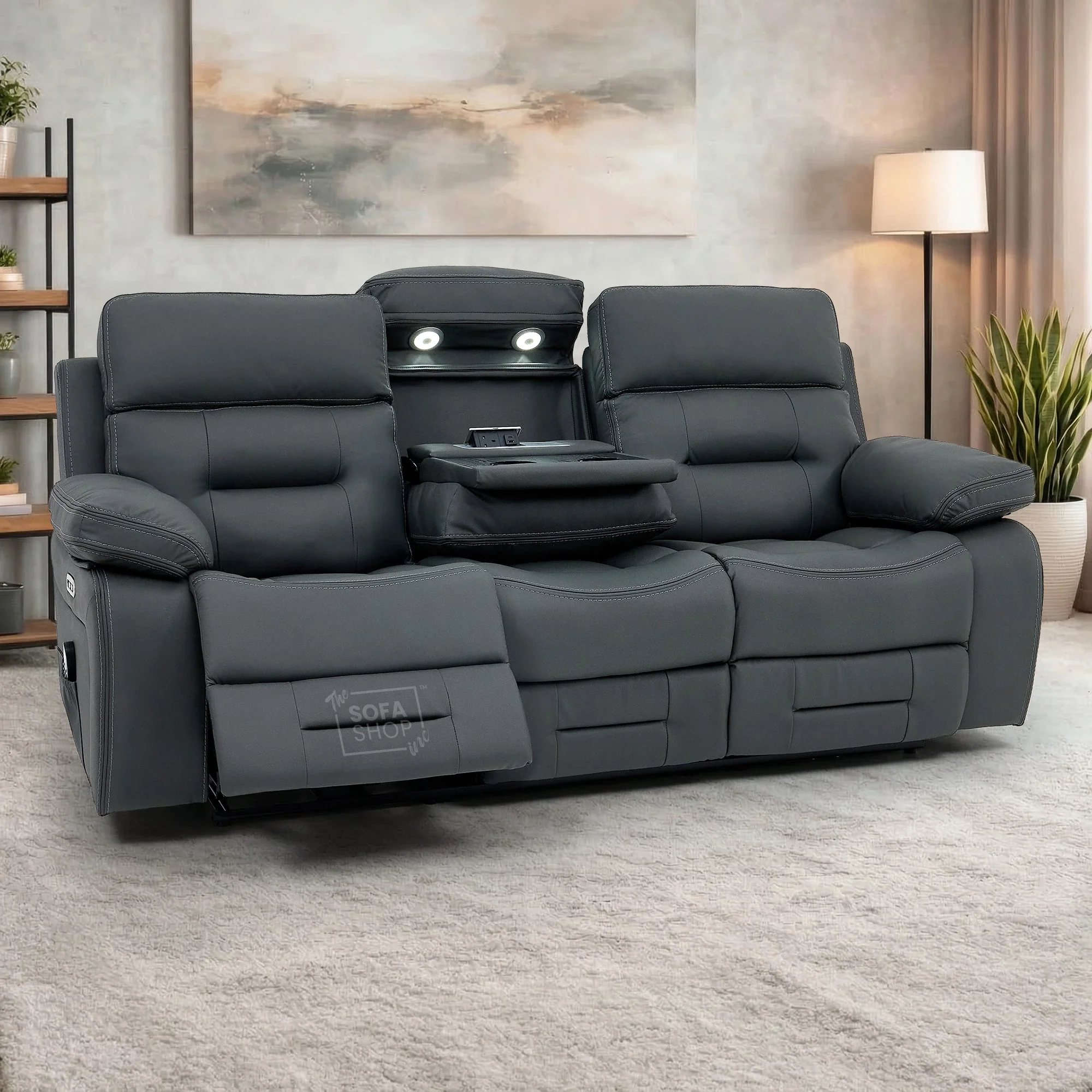 3 Seater Grey Top-Grain Leather Electric Recliner Cinema Sofa with Massage, Adjustable Headrest, Drop-Down Table, Wireless Charging | Sicily