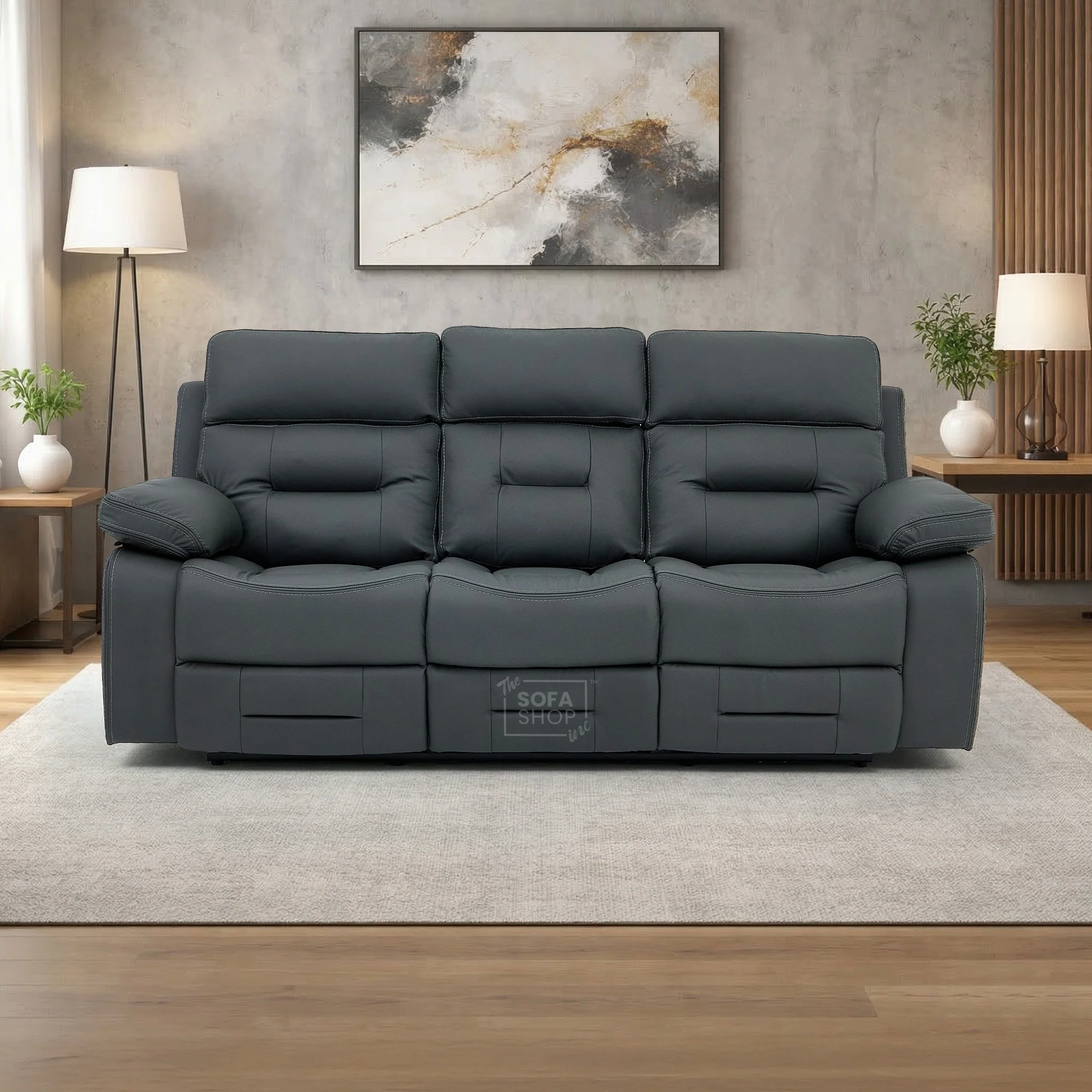3 Seater Grey Top-Grain Leather Electric Recliner Cinema Sofa with Massage, Adjustable Headrest, Drop-Down Table, Wireless Charging | Sicily - Image 2