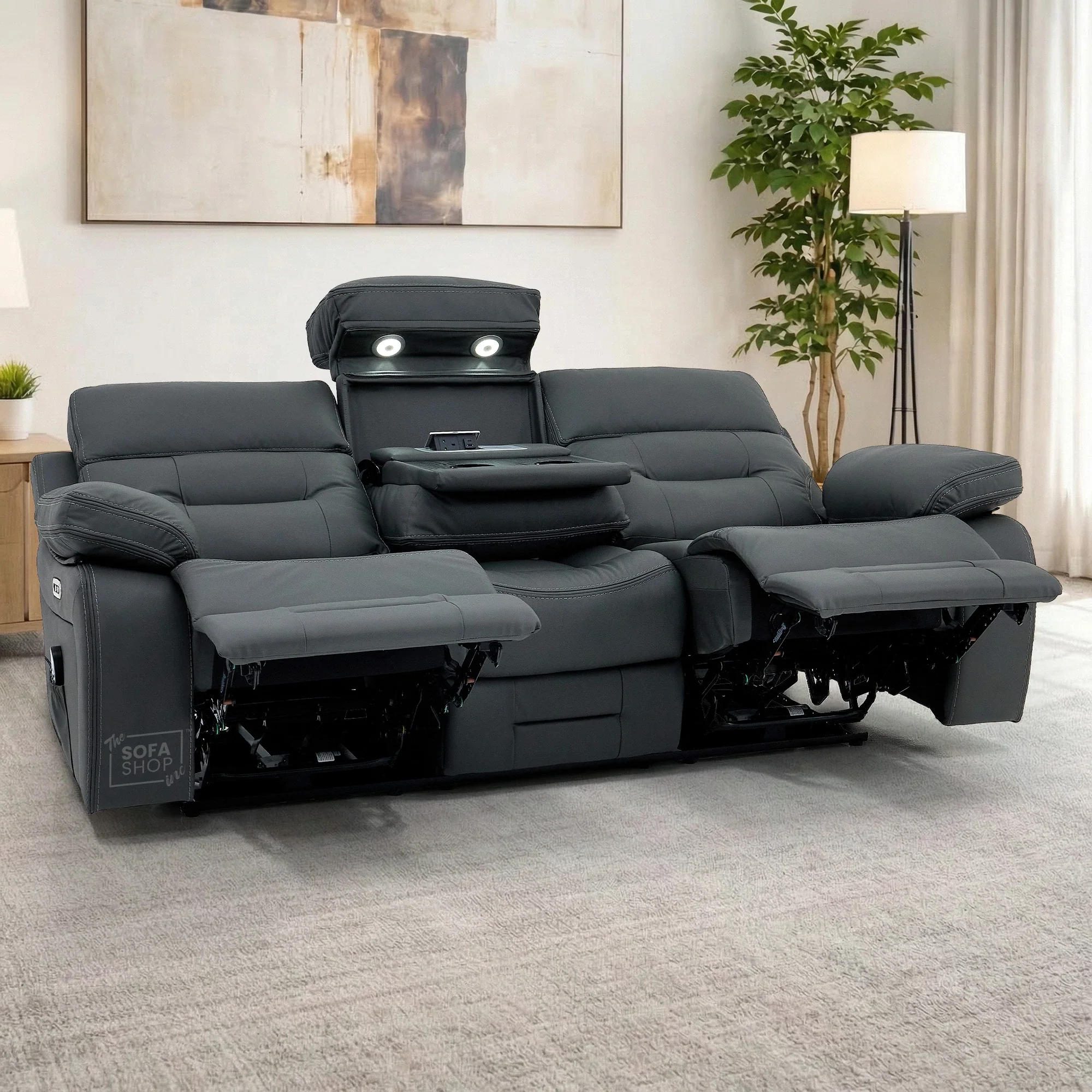 3 Seater Grey Top-Grain Leather Electric Recliner Cinema Sofa with Massage, Adjustable Headrest, Drop-Down Table, Wireless Charging | Sicily - Image 4