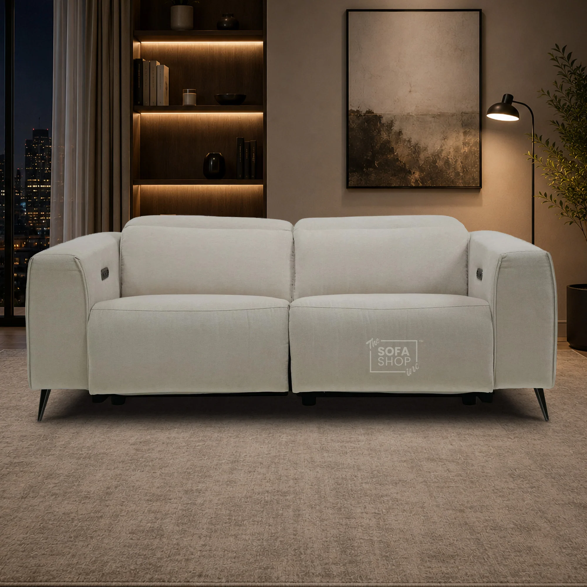 3 Seater Cinema Sofa in Beige Fabric | Hi-Tech Cinema Sofa with Power Recline + Power Headrests + USB-C Charging | Sample | Cadenza | The Sofa Shop - Image 2