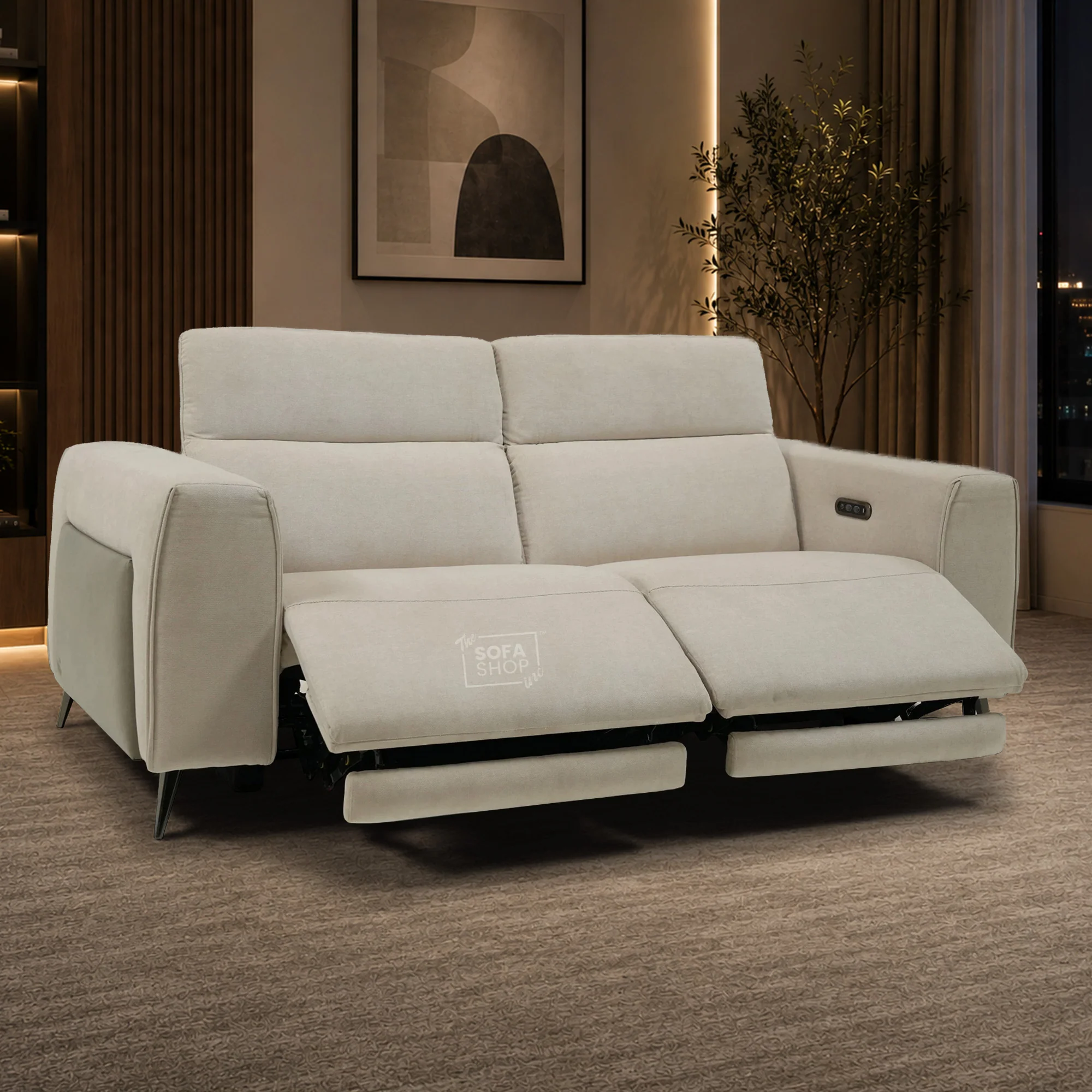 3 Seater Cinema Sofa in Beige Fabric | Hi-Tech Cinema Sofa with Power Recline + Power Headrests + USB-C Charging | Sample | Cadenza | The Sofa Shop - Image 3