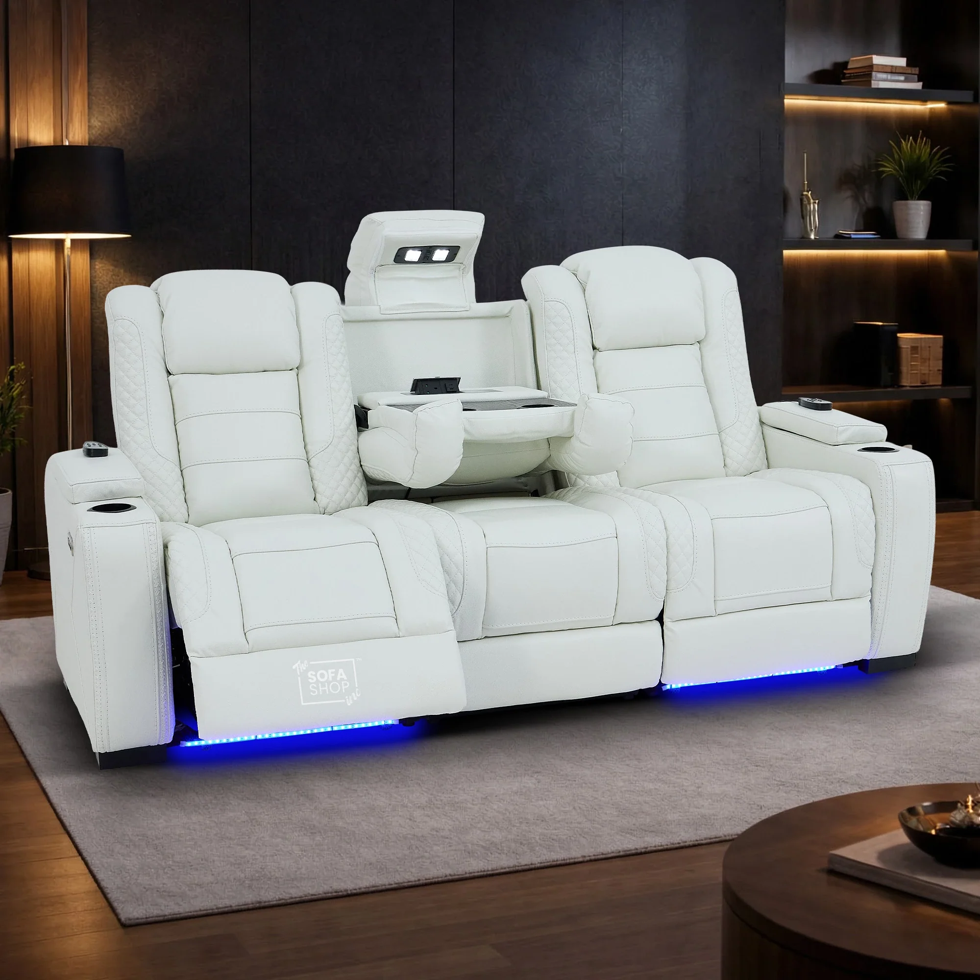3 Seater Real Leather Electric Recliner Cinema Sofa with Fold-Down Table, Massage, Led Lights, USB-C Ports, Storage & Cupholders | White Genuine Leather | Napoli