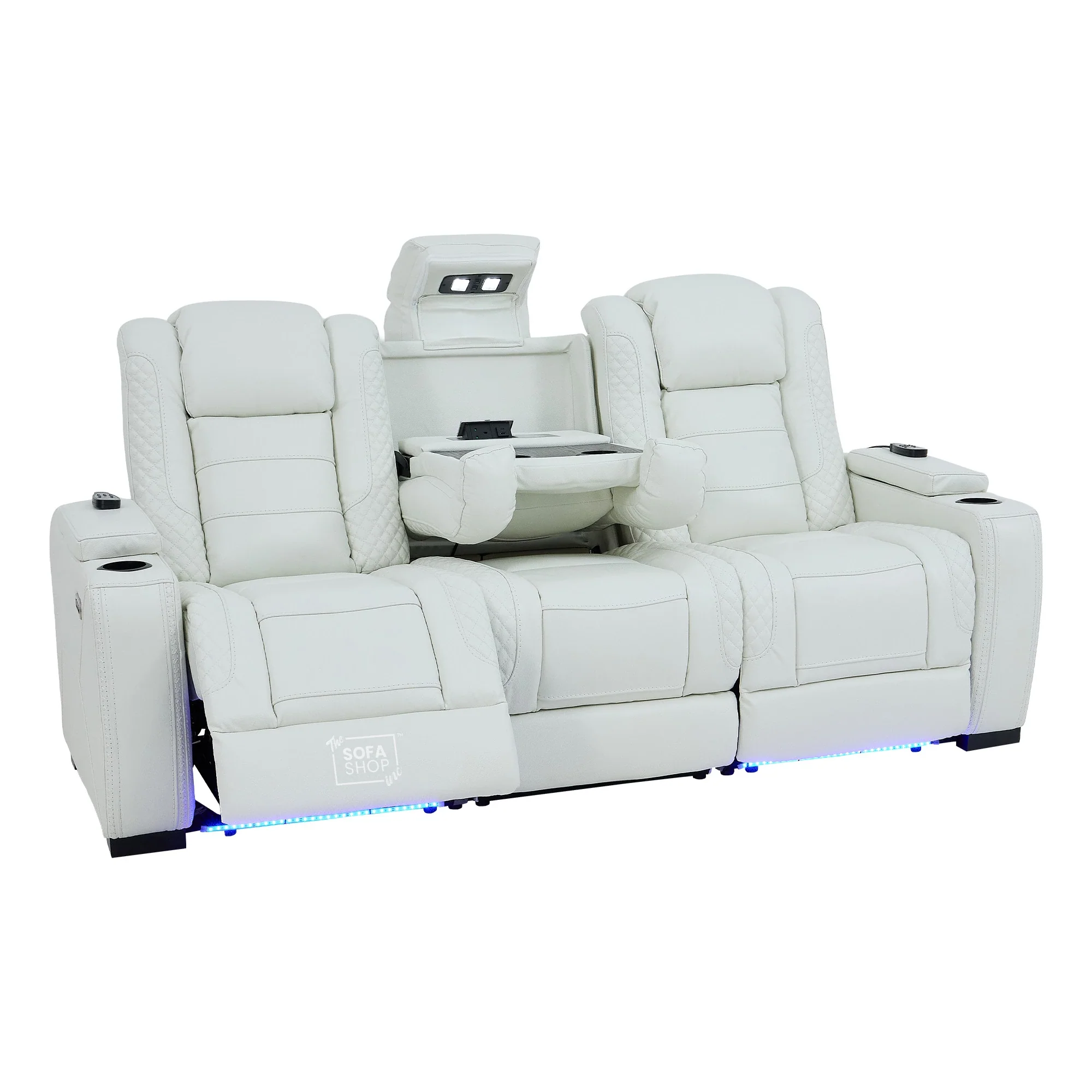 3 Seater Real Leather Electric Recliner Cinema Sofa with Fold-Down Table, Massage, Led Lights, USB-C Ports, Storage & Cupholders | White Genuine Leather | Napoli - Image 14