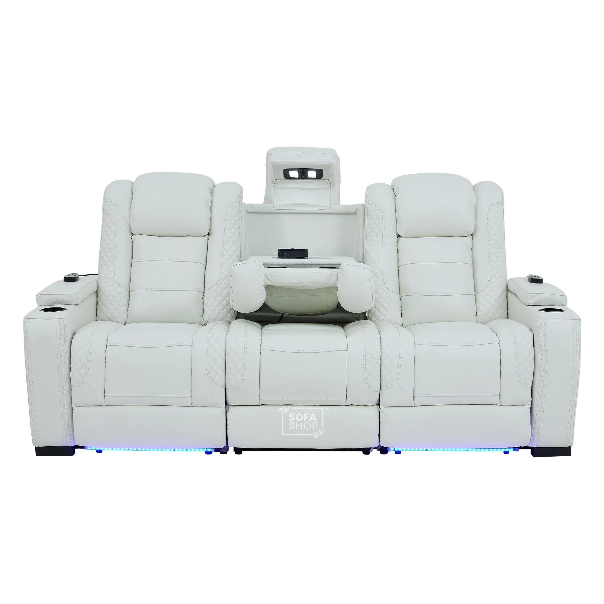 3 Seater Real Leather Electric Recliner Cinema Sofa with Fold-Down Table, Massage, Led Lights, USB-C Ports, Storage & Cupholders | White Genuine Leather | Napoli - Image 15