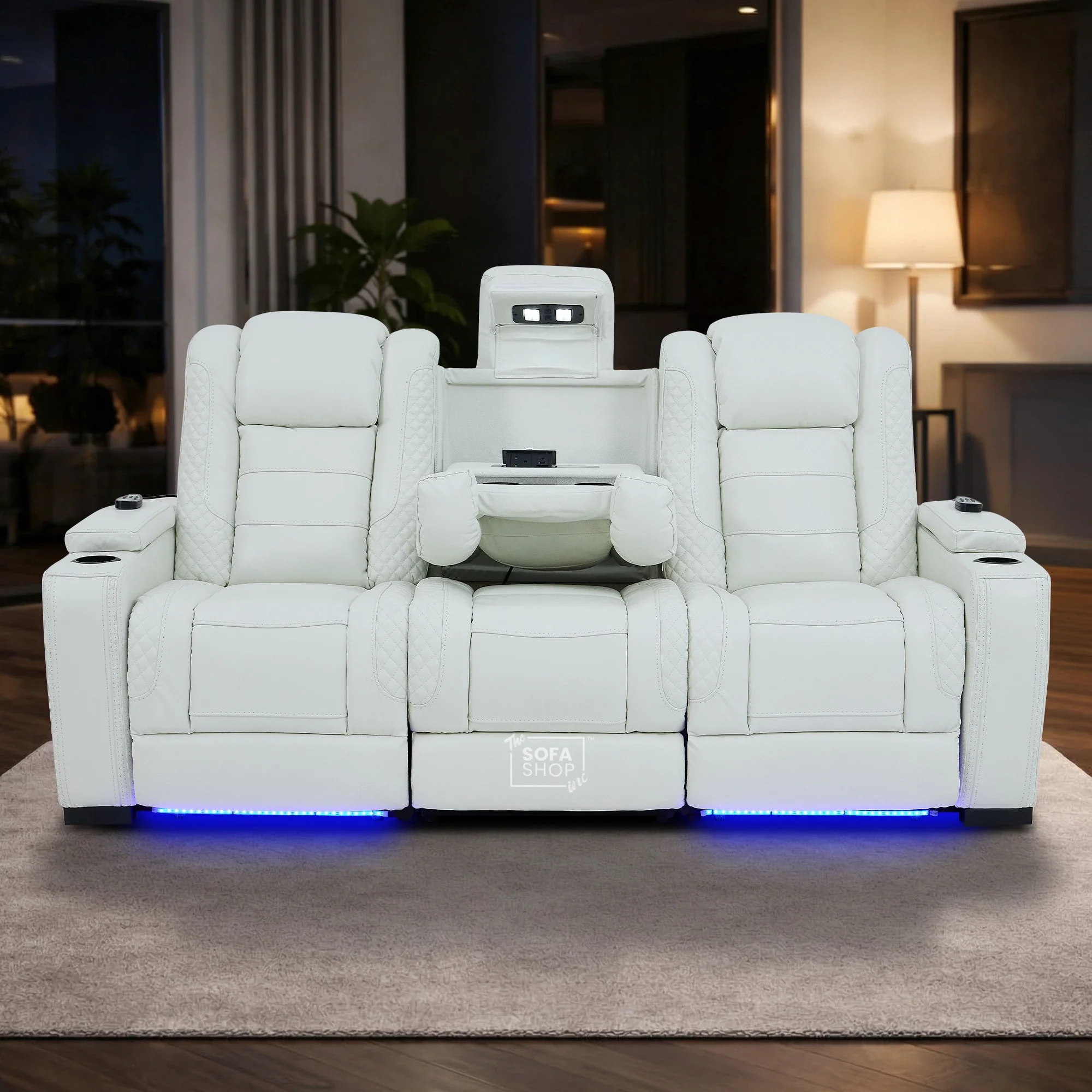 3 Seater Real Leather Electric Recliner Cinema Sofa with Fold-Down Table, Massage, Led Lights, USB-C Ports, Storage & Cupholders | White Genuine Leather | Napoli - Image 2