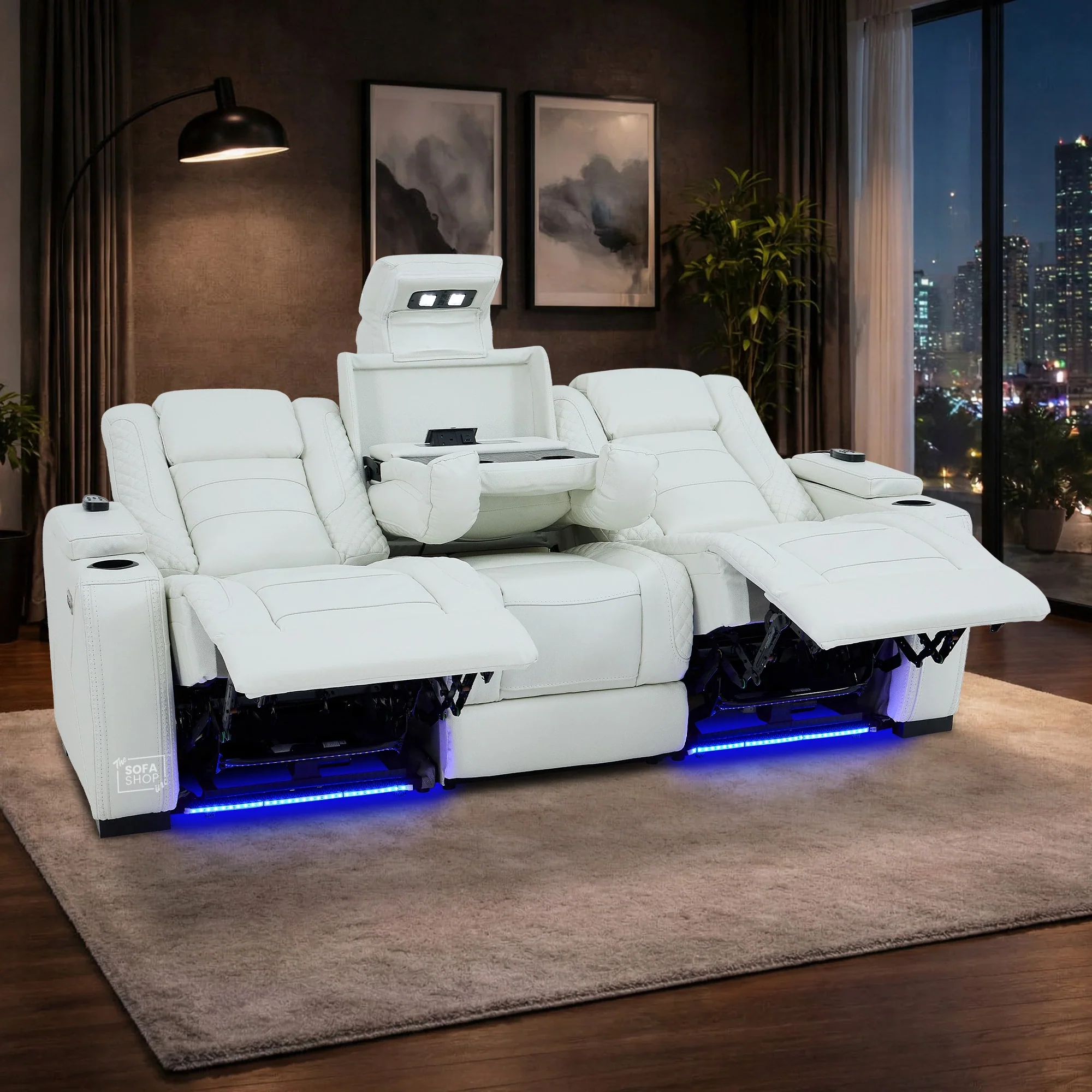 3 Seater Real Leather Electric Recliner Cinema Sofa with Fold-Down Table, Massage, Led Lights, USB-C Ports, Storage & Cupholders | White Genuine Leather | Napoli - Image 3