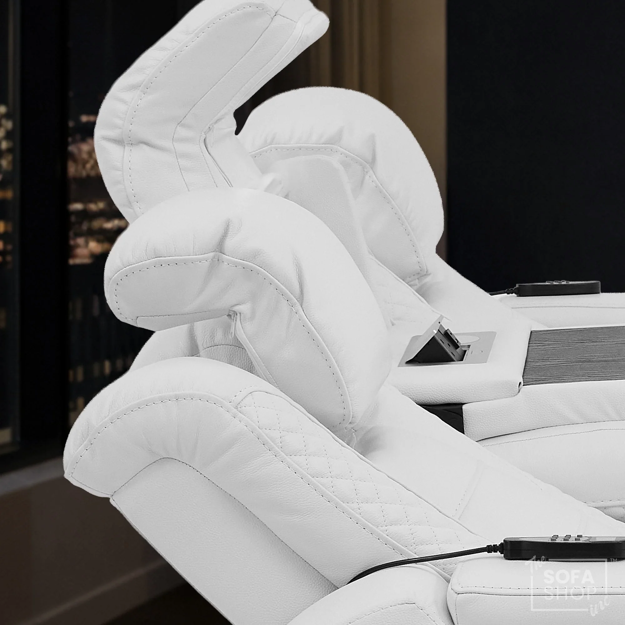 3 Seater Real Leather Electric Recliner Cinema Sofa with Fold-Down Table, Massage, Led Lights, USB-C Ports, Storage & Cupholders | White Genuine Leather | Napoli - Image 4