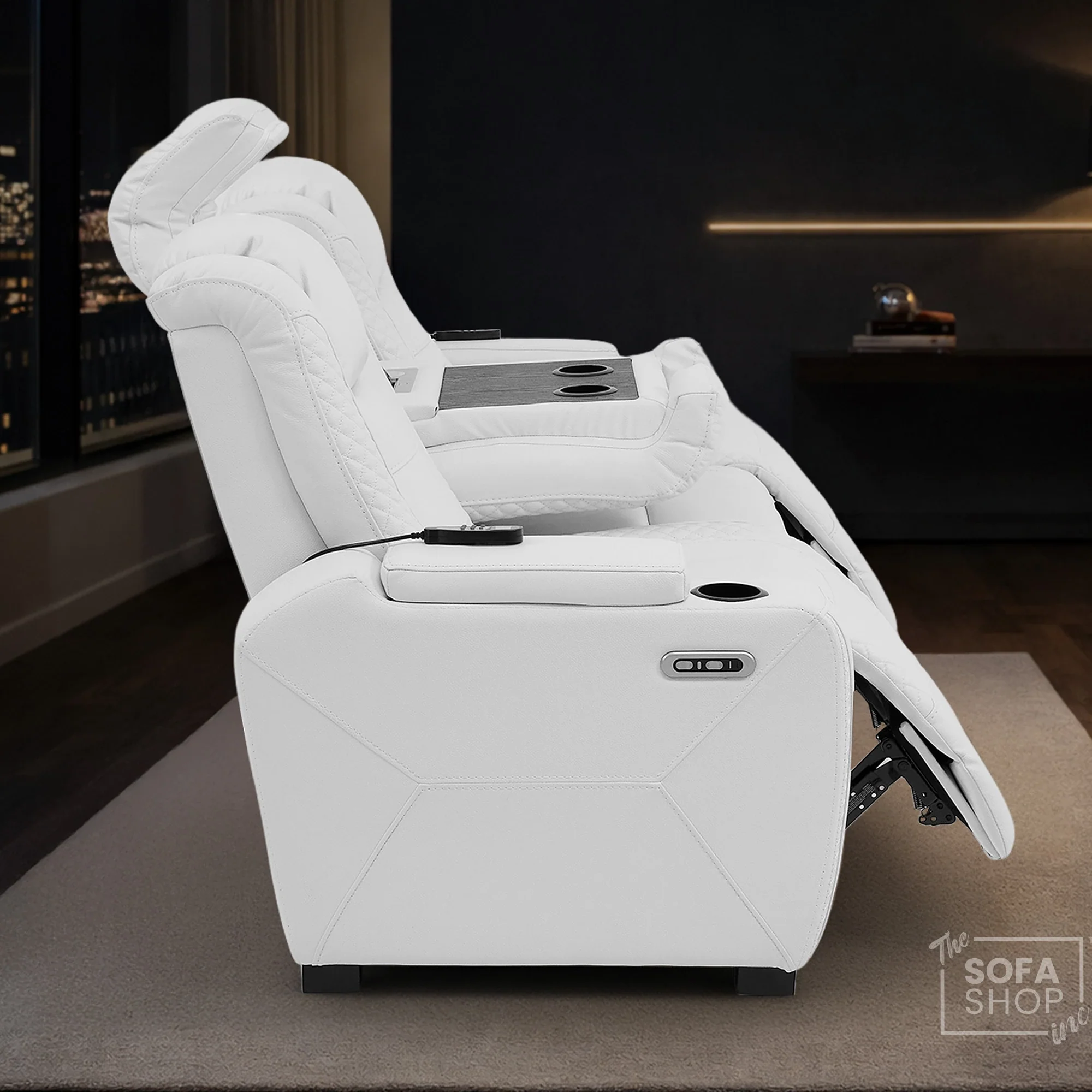 3 Seater Real Leather Electric Recliner Cinema Sofa with Fold-Down Table, Massage, Led Lights, USB-C Ports, Storage & Cupholders | White Genuine Leather | Napoli - Image 5