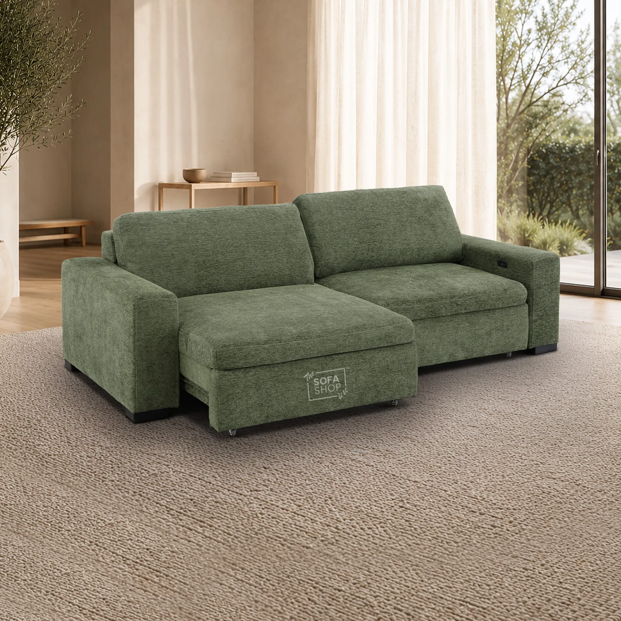 Extendable Electric Sofa Bed in Green Chenille Fabric | 3 Seater Power Sliding Couch Perfect for Home Cinema & Movie Nights | USBc Charging Ports | Palma | The Sofa Shop - Image 3