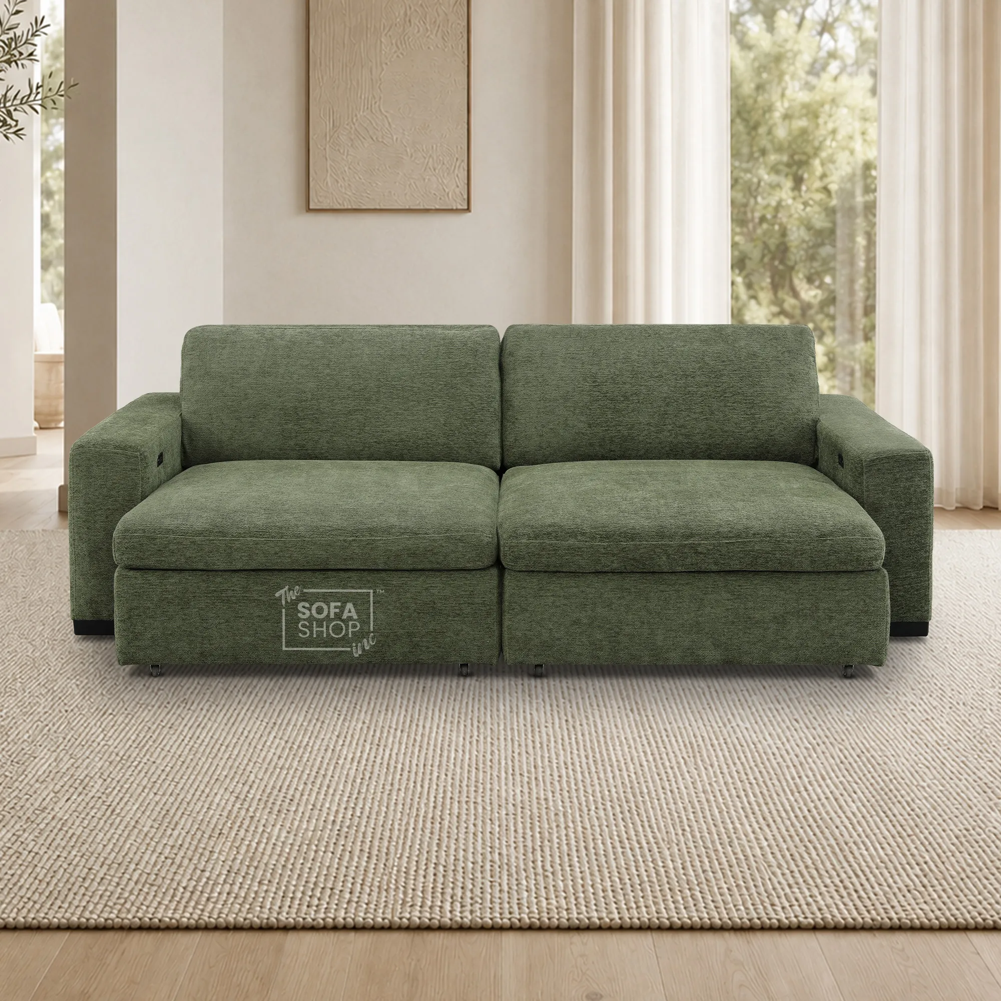 Extendable Electric Sofa Bed in Green Chenille Fabric | 3 Seater Power Sliding Couch Perfect for Home Cinema & Movie Nights | USBc Charging Ports | Palma | The Sofa Shop - Image 4