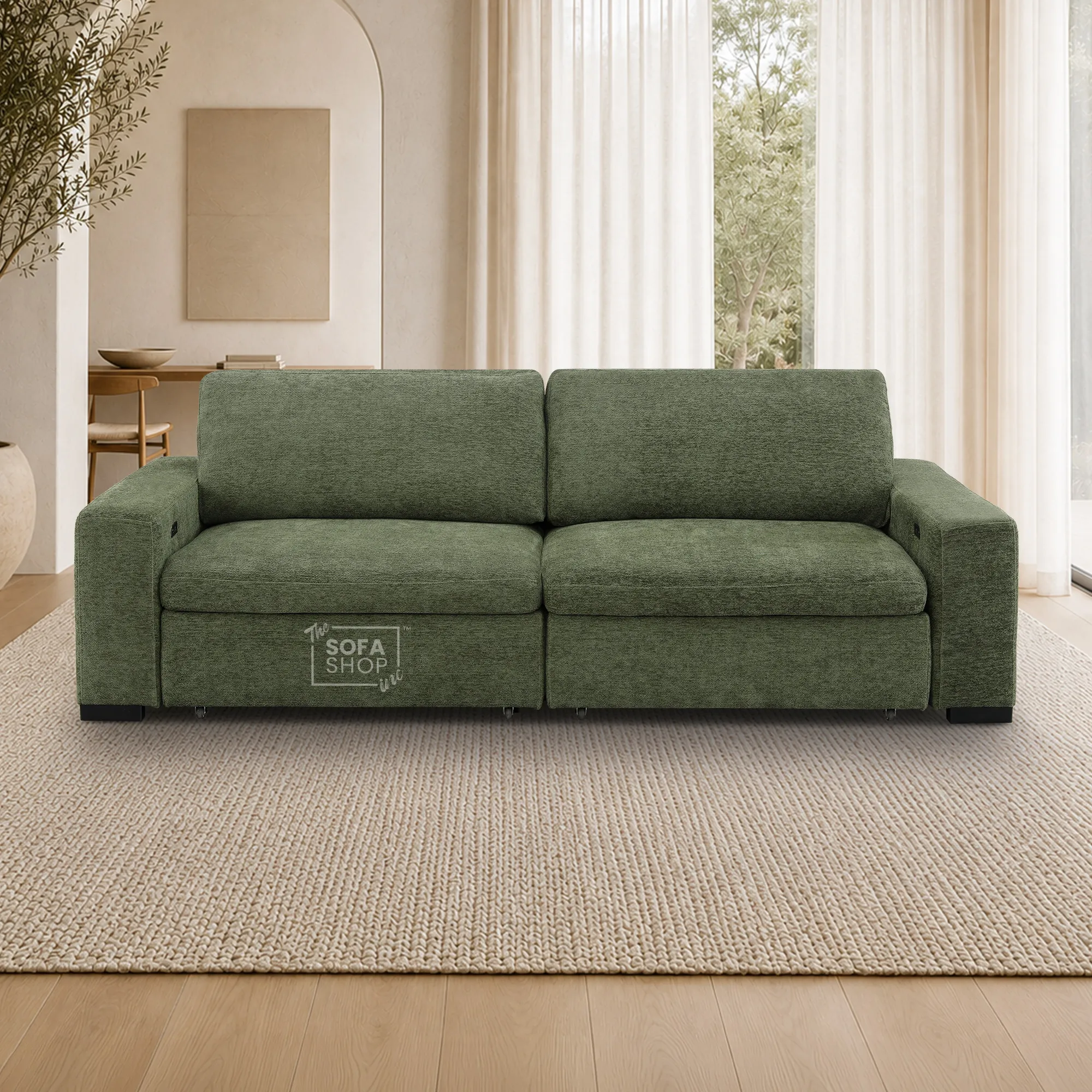 Extendable Electric Sofa Bed in Green Chenille Fabric | 3 Seater Power Sliding Couch Perfect for Home Cinema & Movie Nights | USBc Charging Ports | Palma | The Sofa Shop - Image 5
