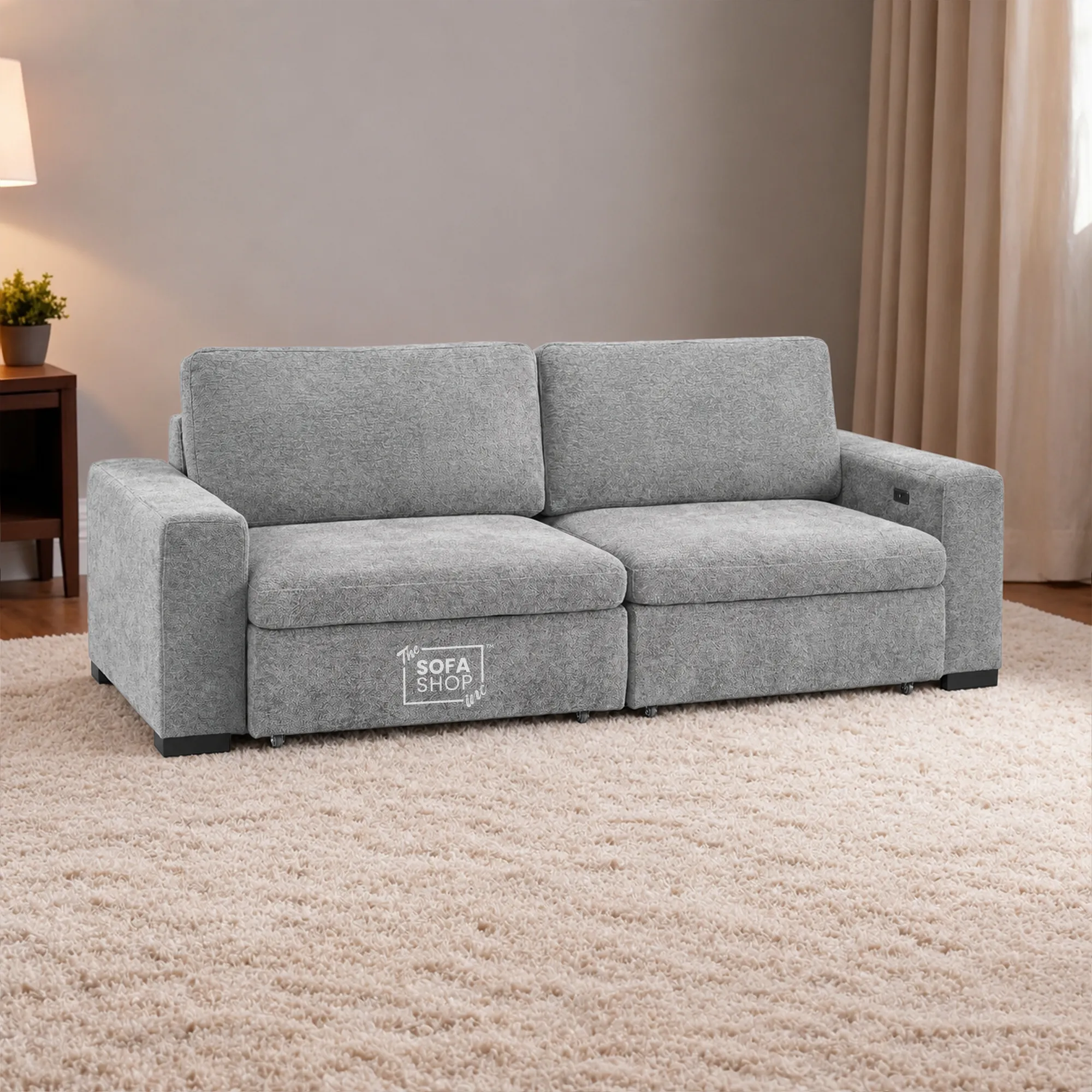 3 Seater Fabric Extendable Electric Sofa Bed | Power Sliding Couch With USB+C Charging | Grey Chenille Fabric | Home Theatre Seating & Comfort Headrests | Palma | The Sofa Shop - Image 3