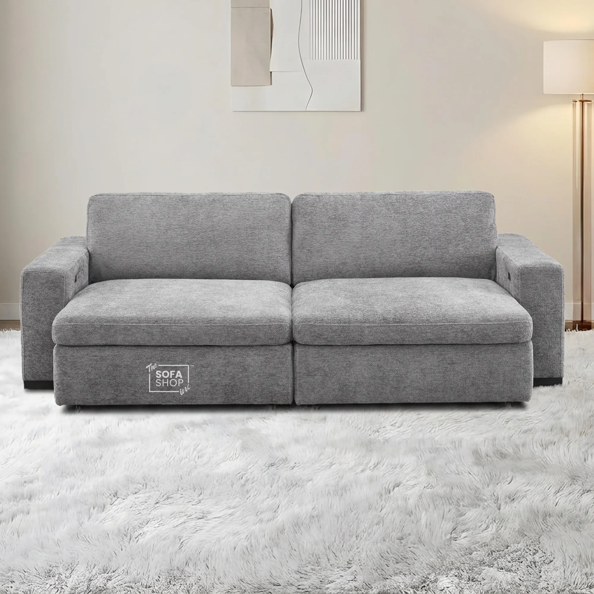 3 Seater Fabric Extendable Electric Sofa Bed | Power Sliding Couch With USB+C Charging | Grey Chenille Fabric | Home Theatre Seating & Comfort Headrests | Palma | The Sofa Shop - Image 4
