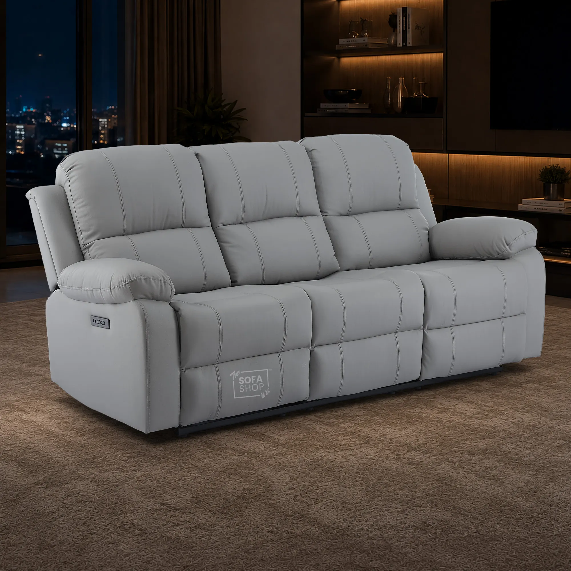 3 Seater Electric Recliner Sofa In Light Grey Real Leather | Power Recliner With Drop-Down Table & USB+C Charging | Comfortable & Family-Friendly Sofa | Trento | The Sofa Shop - Image 3