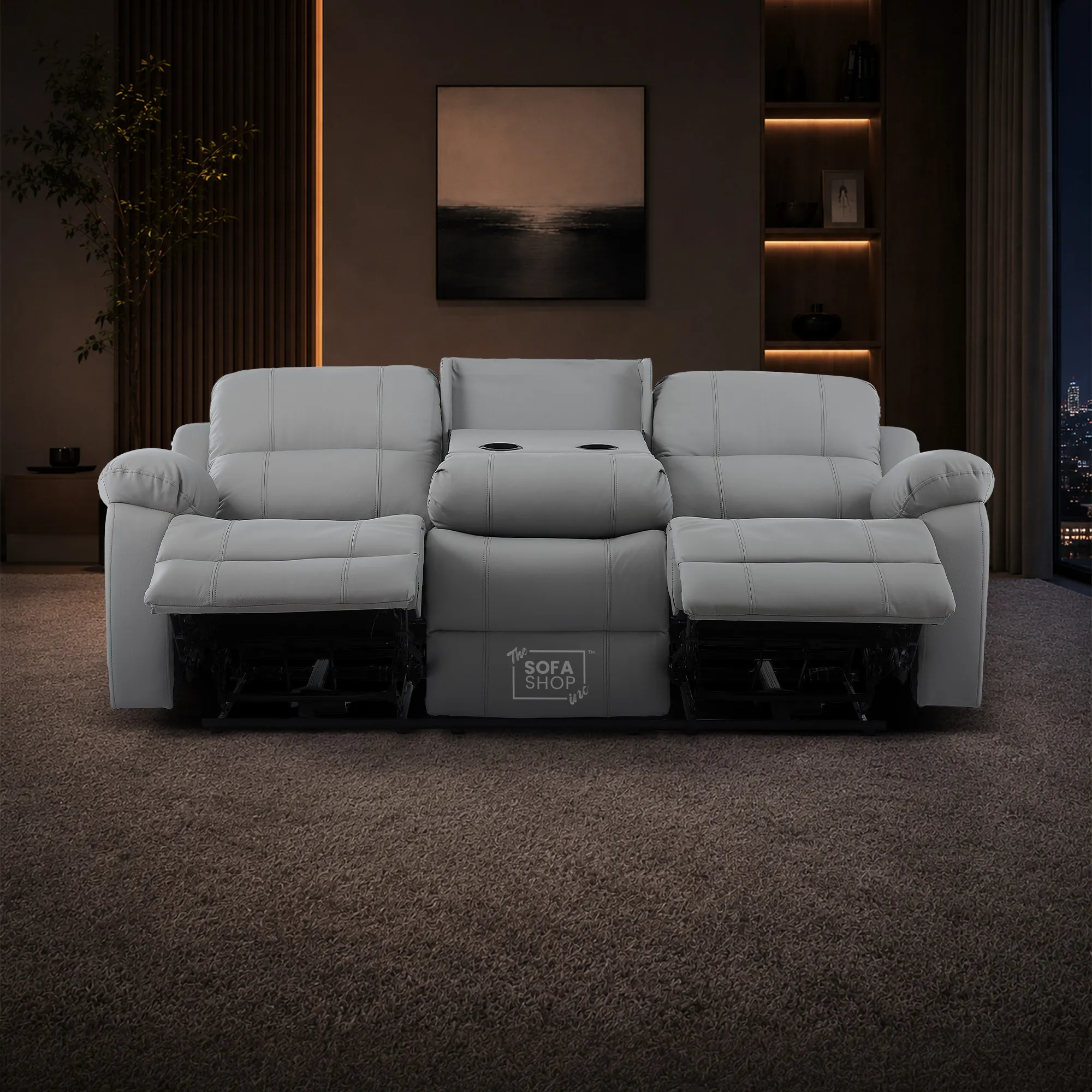 3 Seater Electric Recliner Sofa In Light Grey Real Leather | Power Recliner With Drop-Down Table & USB+C Charging | Comfortable & Family-Friendly Sofa | Trento | The Sofa Shop - Image 4