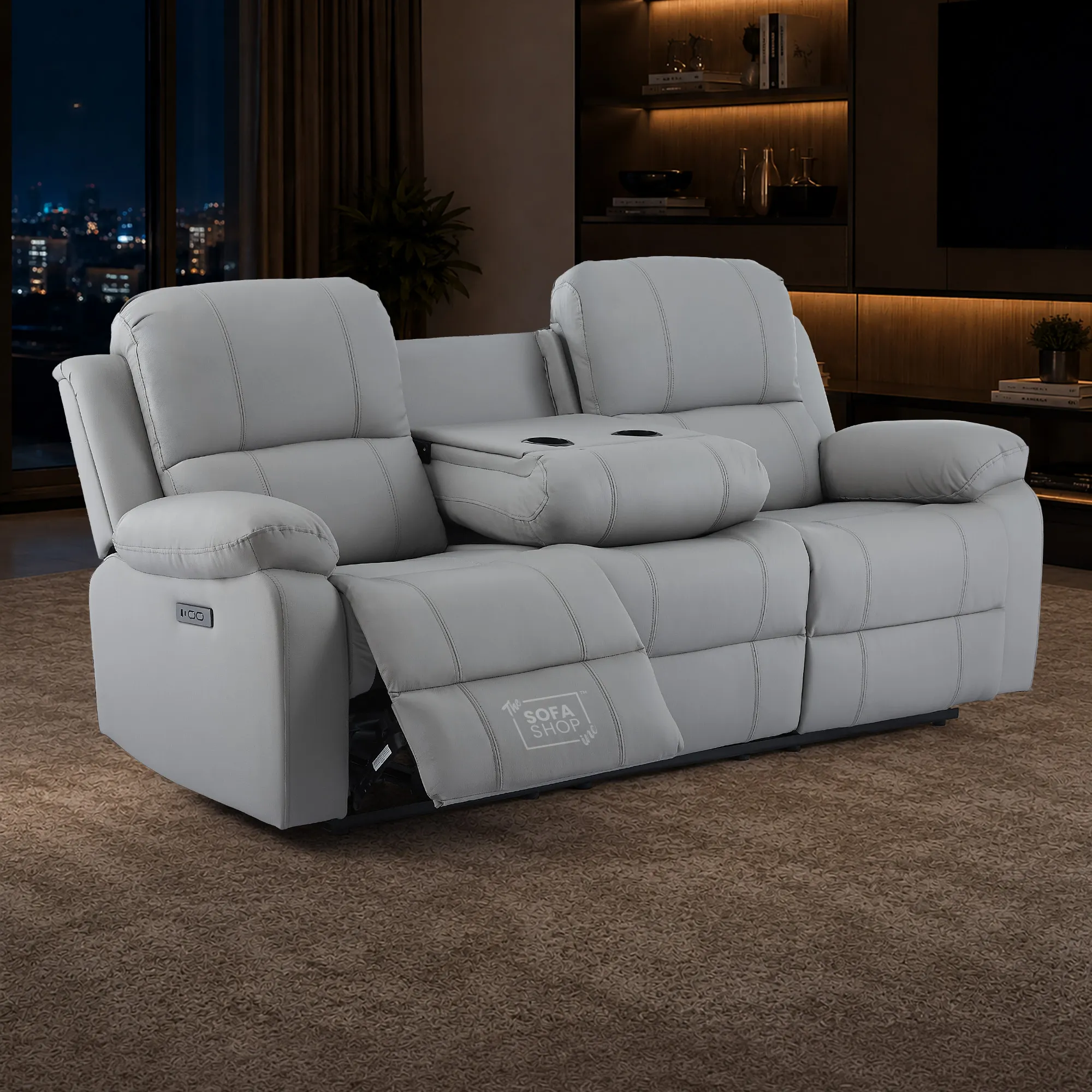 3 Seater Electric Recliner Sofa In Light Grey Real Leather | Power Recliner With Drop-Down Table & USB+C Charging | Comfortable & Family-Friendly Sofa | Trento | The Sofa Shop - Image 5