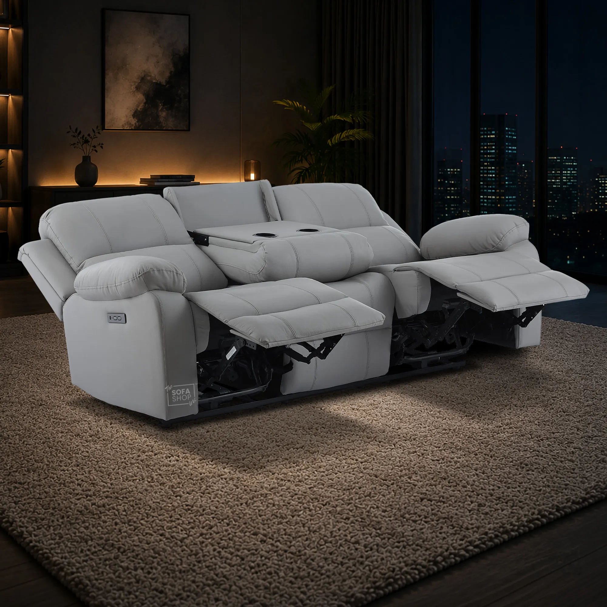 3 Seater Electric Recliner Sofa In Light Grey Real Leather | Power Recliner With Drop-Down Table & USB+C Charging | Comfortable & Family-Friendly Sofa | Trento | The Sofa Shop - Image 6