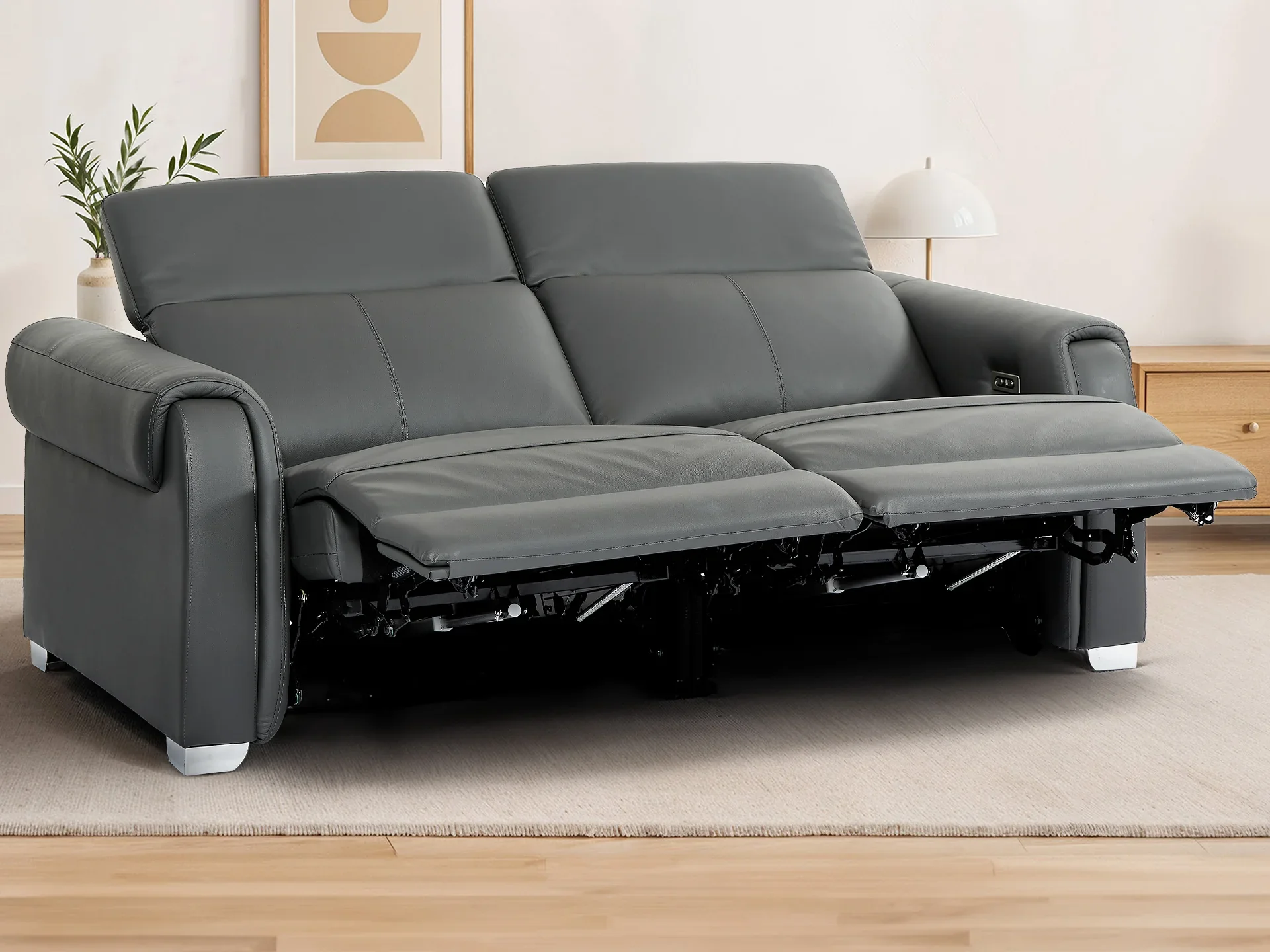 3 Seater Real Leather Recliner Sofa In Grey | Hi-Tech Sofa with Massage, USB Ports & Power Headrest | Turin - Image 3