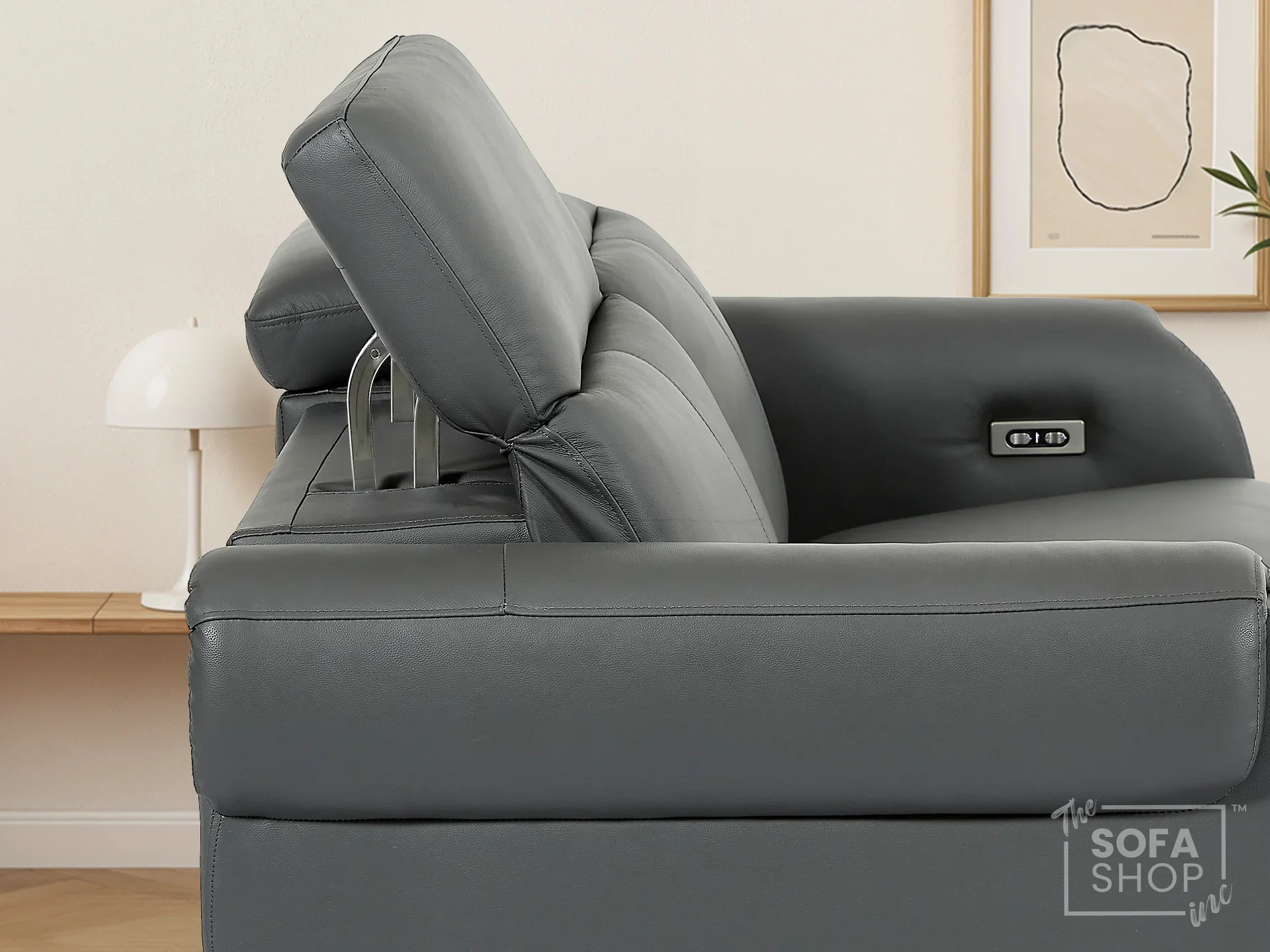 3 Seater Real Leather Recliner Sofa In Grey | Hi-Tech Sofa with Massage, USB Ports & Power Headrest | Turin - Image 4
