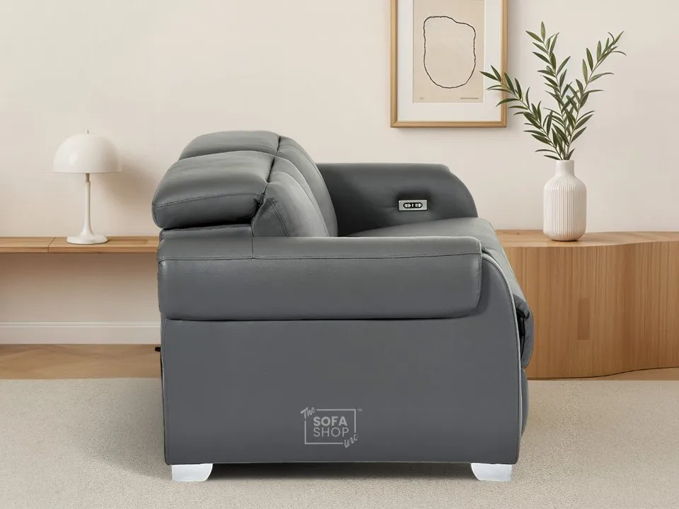 3 Seater Real Leather Recliner Sofa In Grey | Hi-Tech Sofa with Massage, USB Ports & Power Headrest | Turin - Image 5