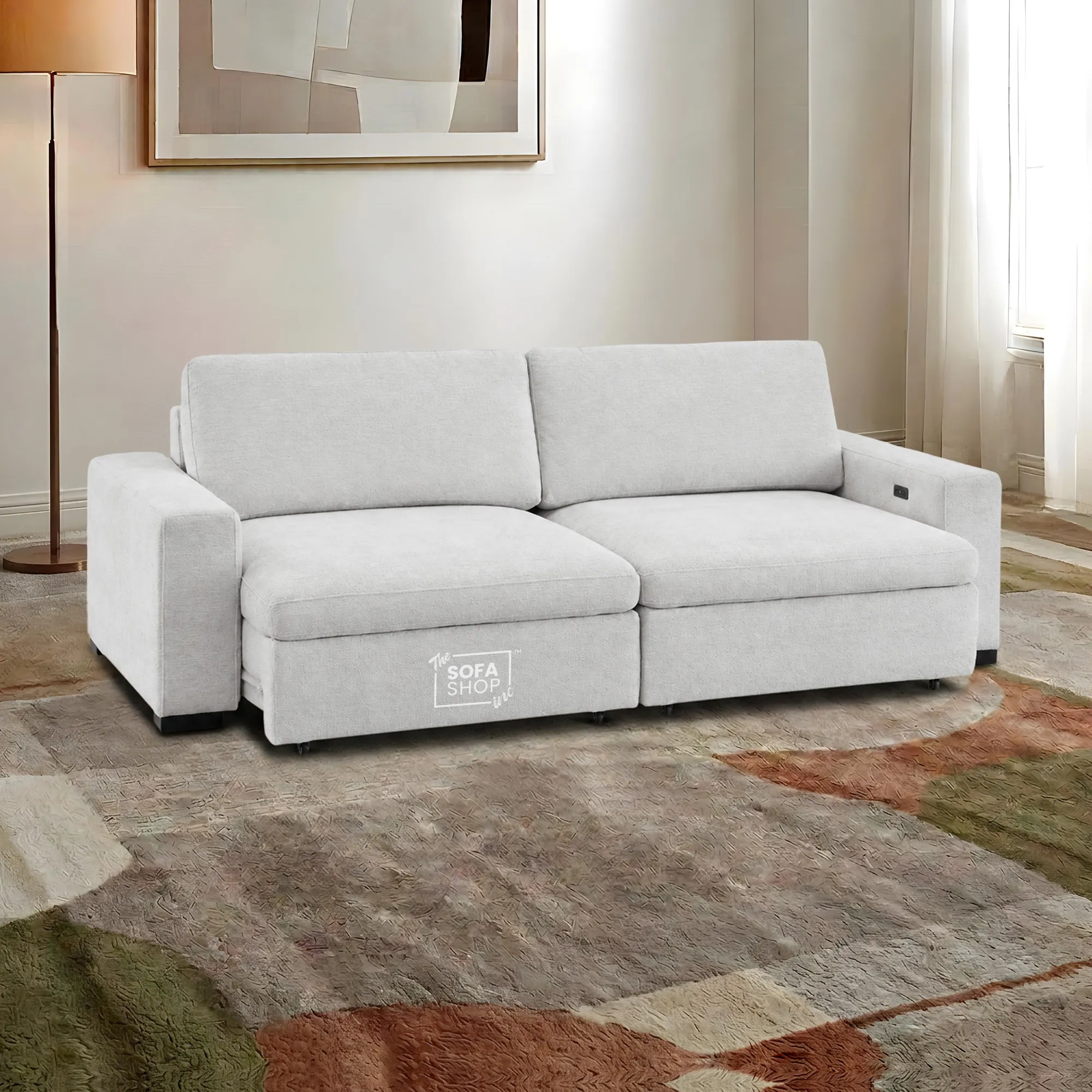 Palma 3 Seater Fabric Extendable Electric Sofa Bed | Power Sliding Couch with USB + USB-C Charging | Light Grey Chenille | Home Theatre Seating & Comfort Headrests | The Sofa Shop
