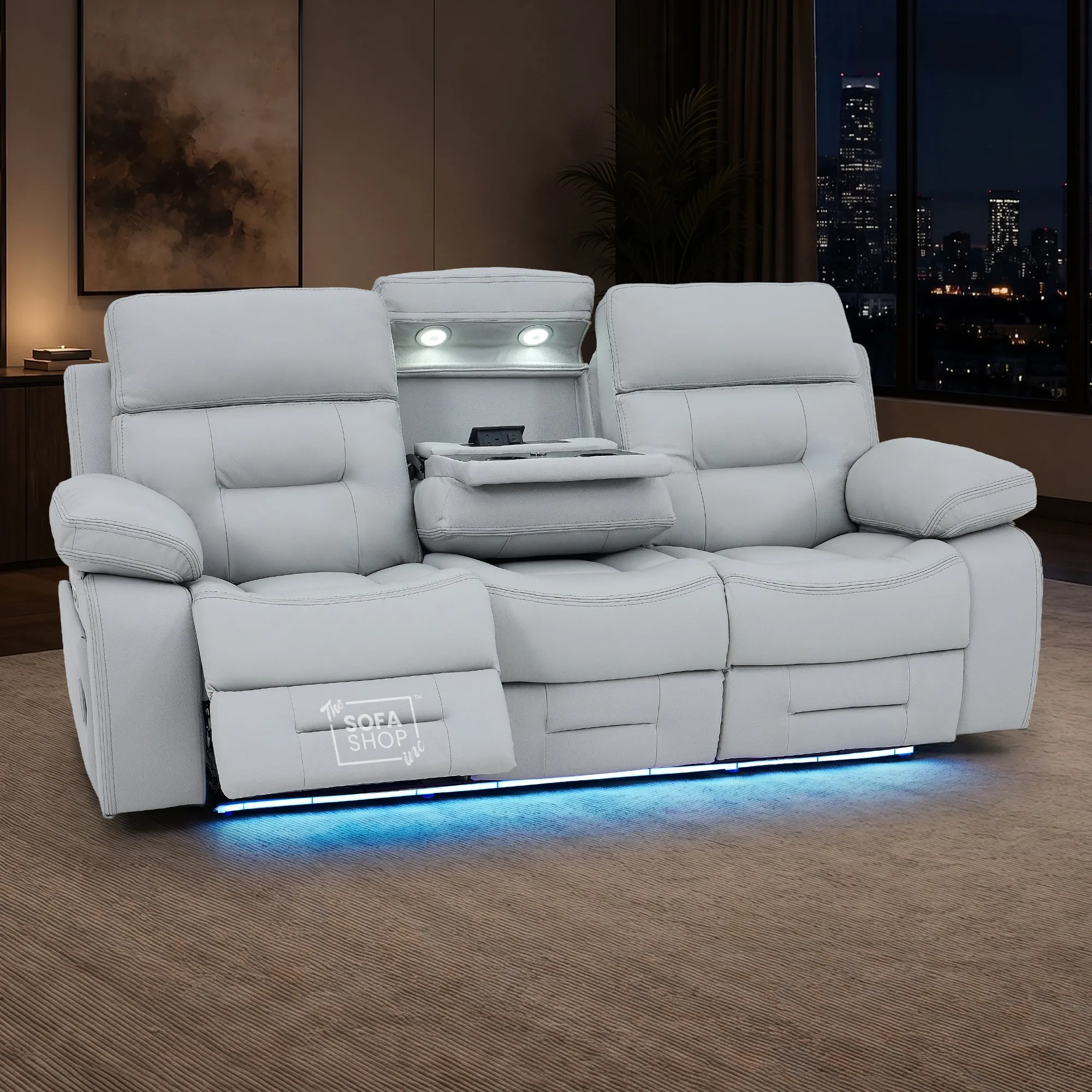 3 Seater Cinema Sofa in Light Grey Genuine Leather | Hi-Tech Couch with Power Recline + Power Headrests + Wireless Charging + Speakers | Sicily | The Sofa Shop