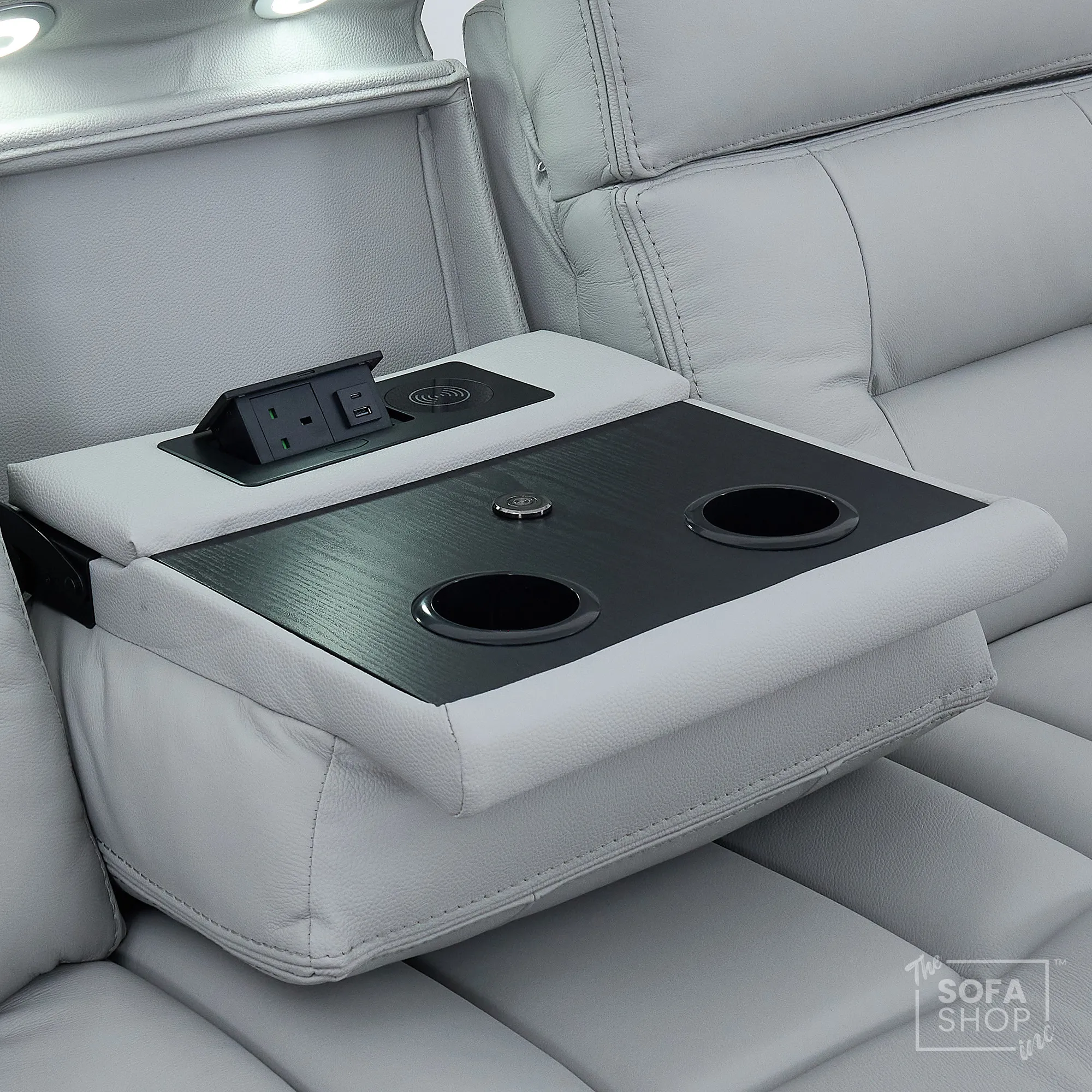 3 Seater Cinema Sofa in Light Grey Genuine Leather | Hi-Tech Couch with Power Recline + Power Headrests + Wireless Charging + Speakers | Sicily | The Sofa Shop - Image 12