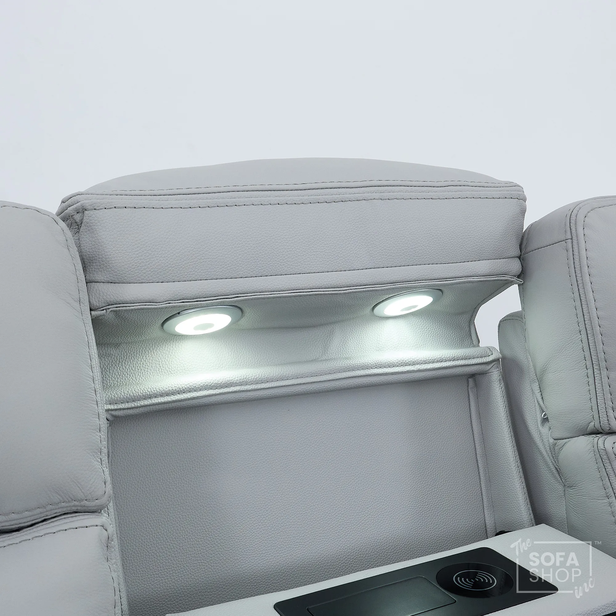 3 Seater Cinema Sofa in Light Grey Genuine Leather | Hi-Tech Couch with Power Recline + Power Headrests + Wireless Charging + Speakers | Sicily | The Sofa Shop - Image 14