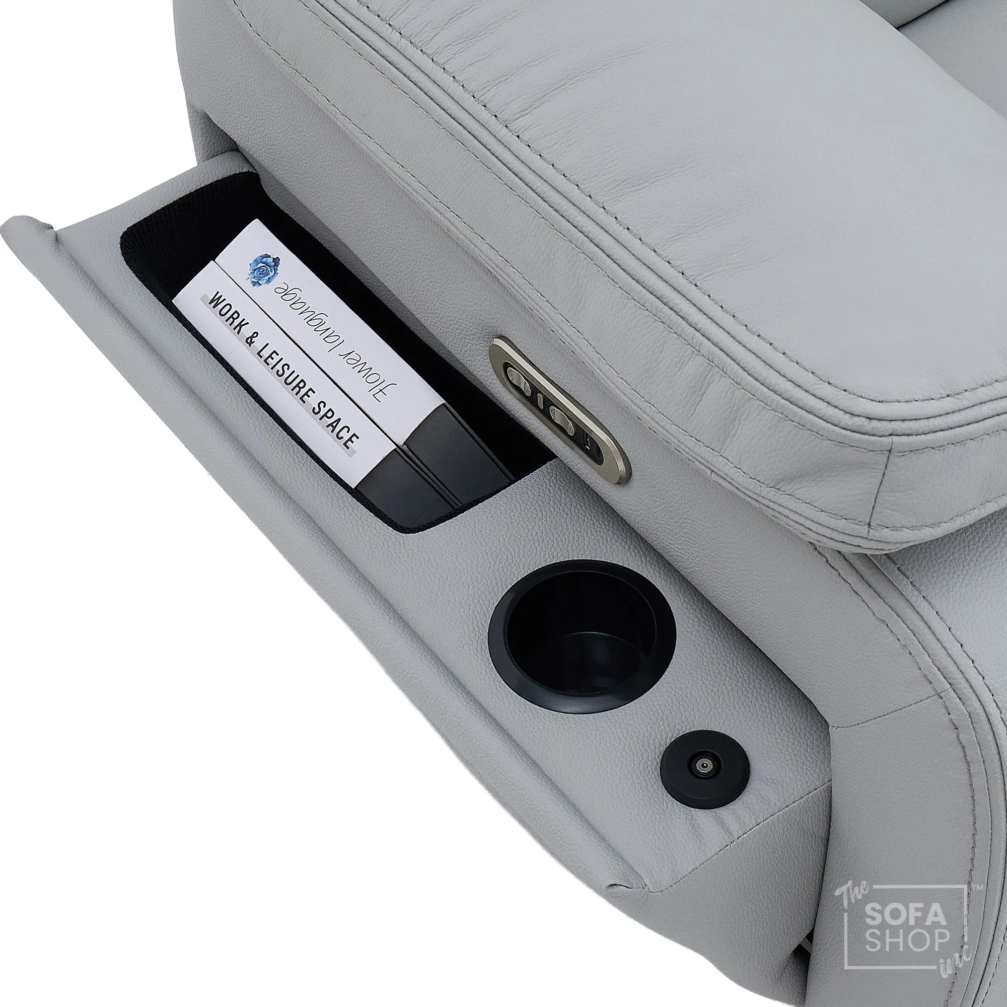 3 Seater Cinema Sofa in Light Grey Genuine Leather | Hi-Tech Couch with Power Recline + Power Headrests + Wireless Charging + Speakers | Sicily | The Sofa Shop - Image 16