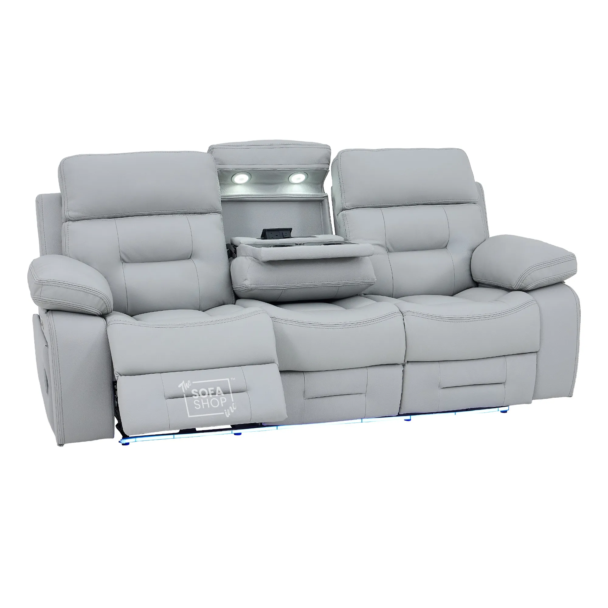 3 Seater Cinema Sofa in Light Grey Genuine Leather | Hi-Tech Couch with Power Recline + Power Headrests + Wireless Charging + Speakers | Sicily | The Sofa Shop - Image 18