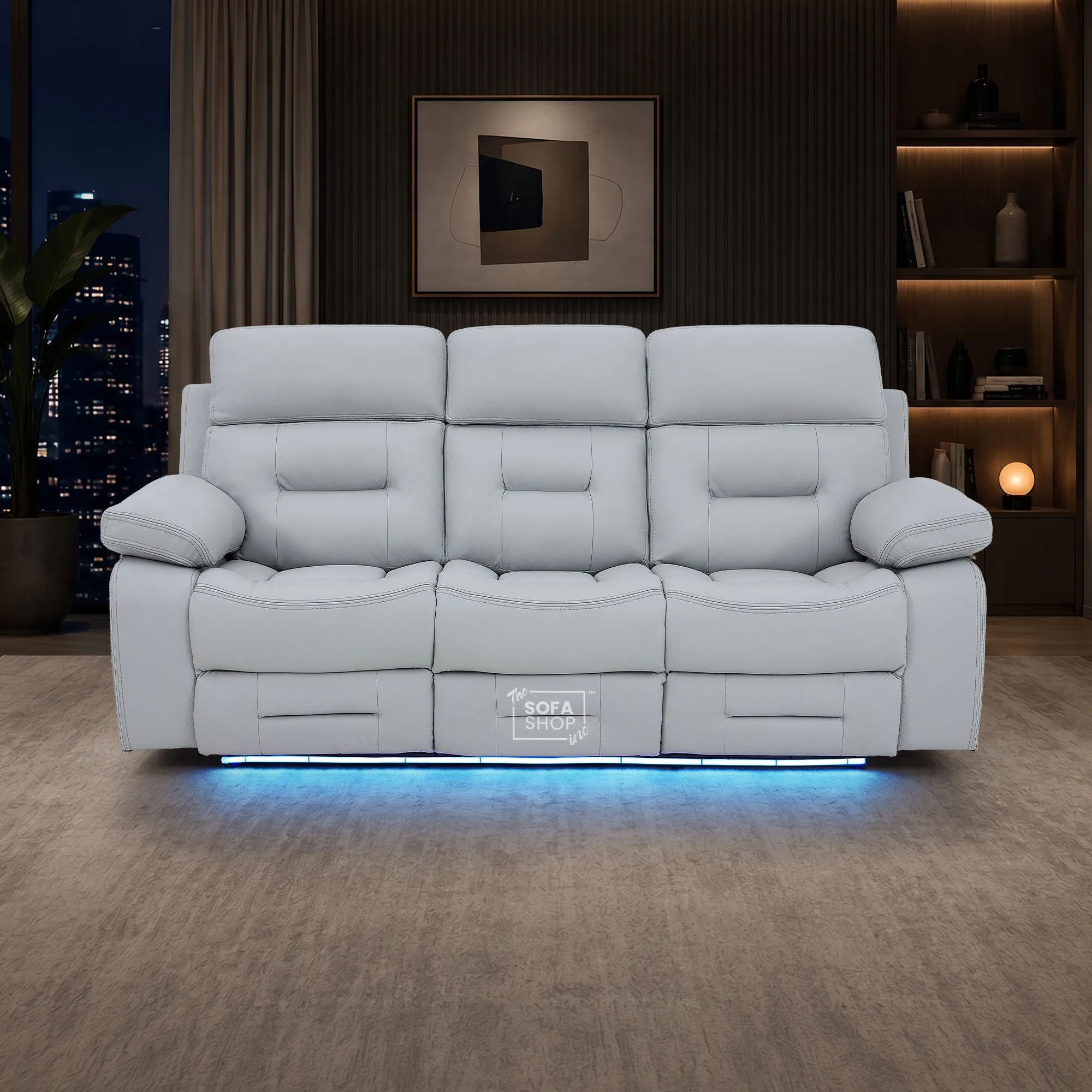 3 Seater Cinema Sofa in Light Grey Genuine Leather | Hi-Tech Couch with Power Recline + Power Headrests + Wireless Charging + Speakers | Sicily | The Sofa Shop - Image 2