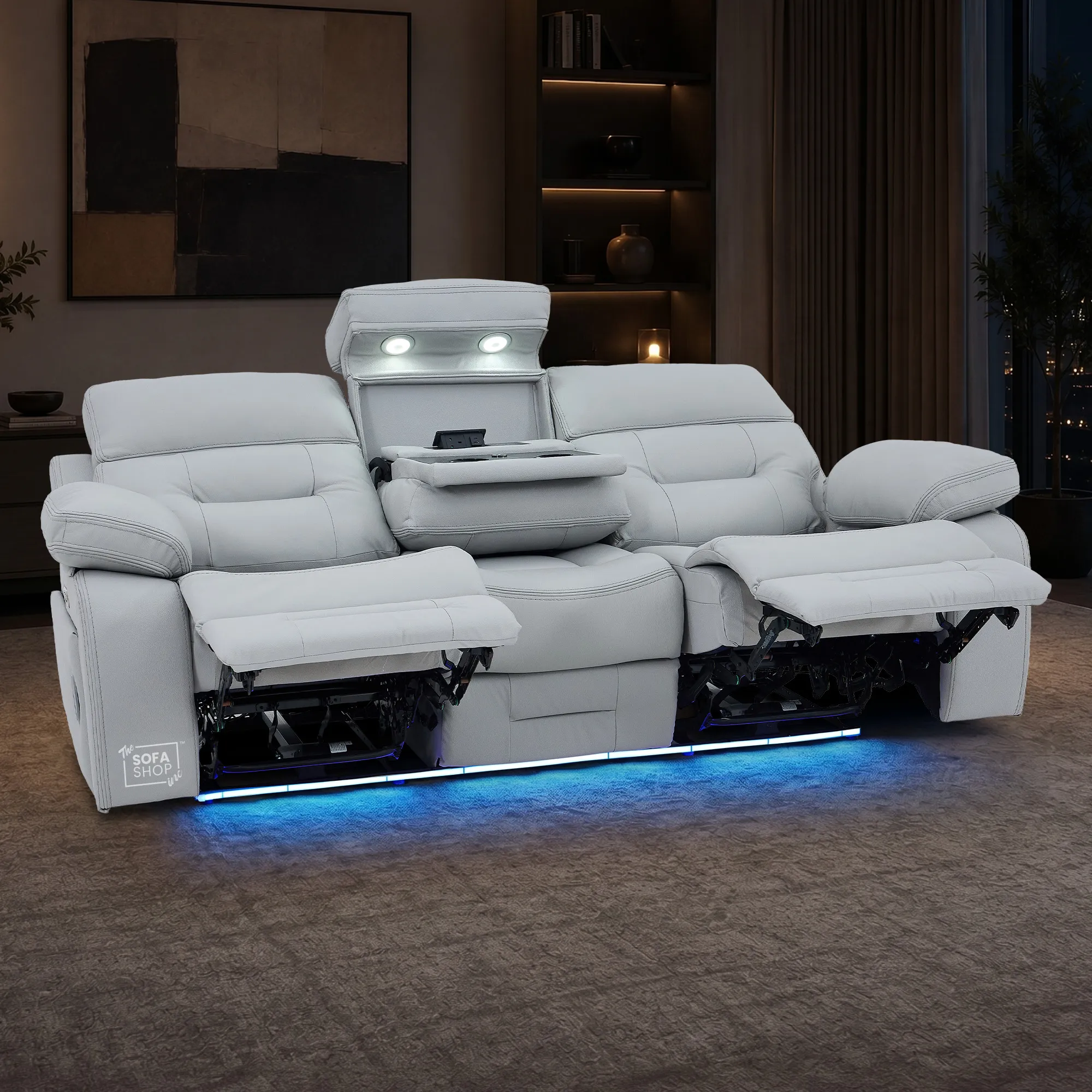 3 Seater Cinema Sofa in Light Grey Genuine Leather | Hi-Tech Couch with Power Recline + Power Headrests + Wireless Charging + Speakers | Sicily | The Sofa Shop - Image 3
