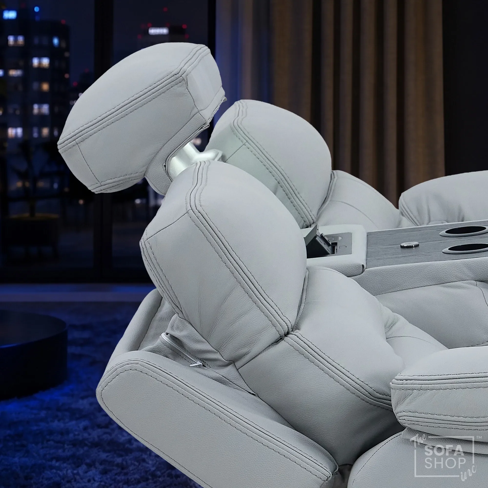 3 Seater Cinema Sofa in Light Grey Genuine Leather | Hi-Tech Couch with Power Recline + Power Headrests + Wireless Charging + Speakers | Sicily | The Sofa Shop - Image 5