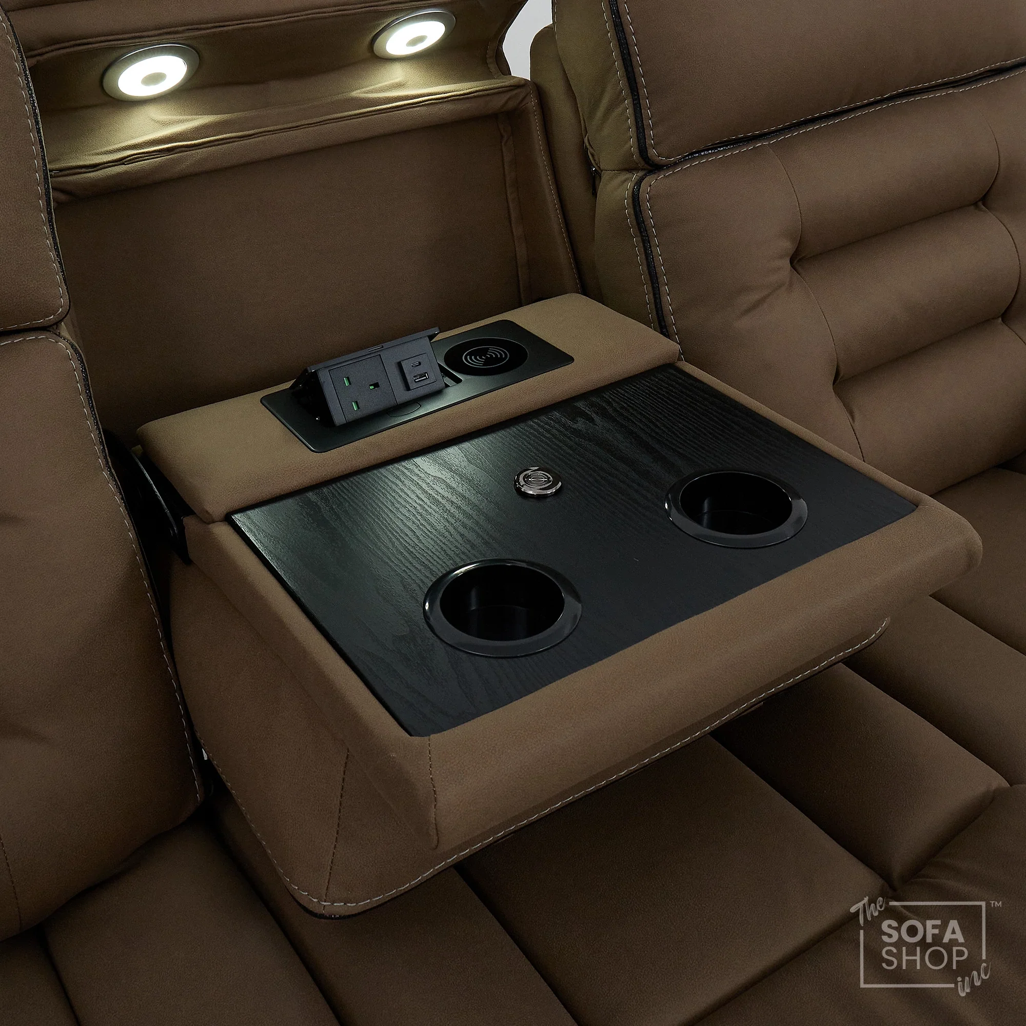 3 Seater Electric Recliner Cinema Sofa in Mocha Brown Fabric | Hi-Tech Sofa With Massage, Heat, Fold-Down Table, Bluetooth Speakers, LED Lights & Power Headrest | Tuscany | The Sofa Shop - Image 15