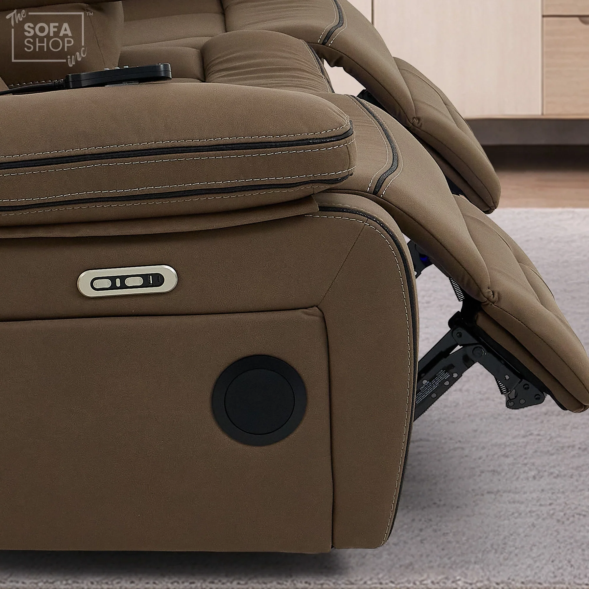 3 Seater Electric Recliner Cinema Sofa in Mocha Brown Fabric | Hi-Tech Sofa With Massage, Heat, Fold-Down Table, Bluetooth Speakers, LED Lights & Power Headrest | Tuscany | The Sofa Shop - Image 20