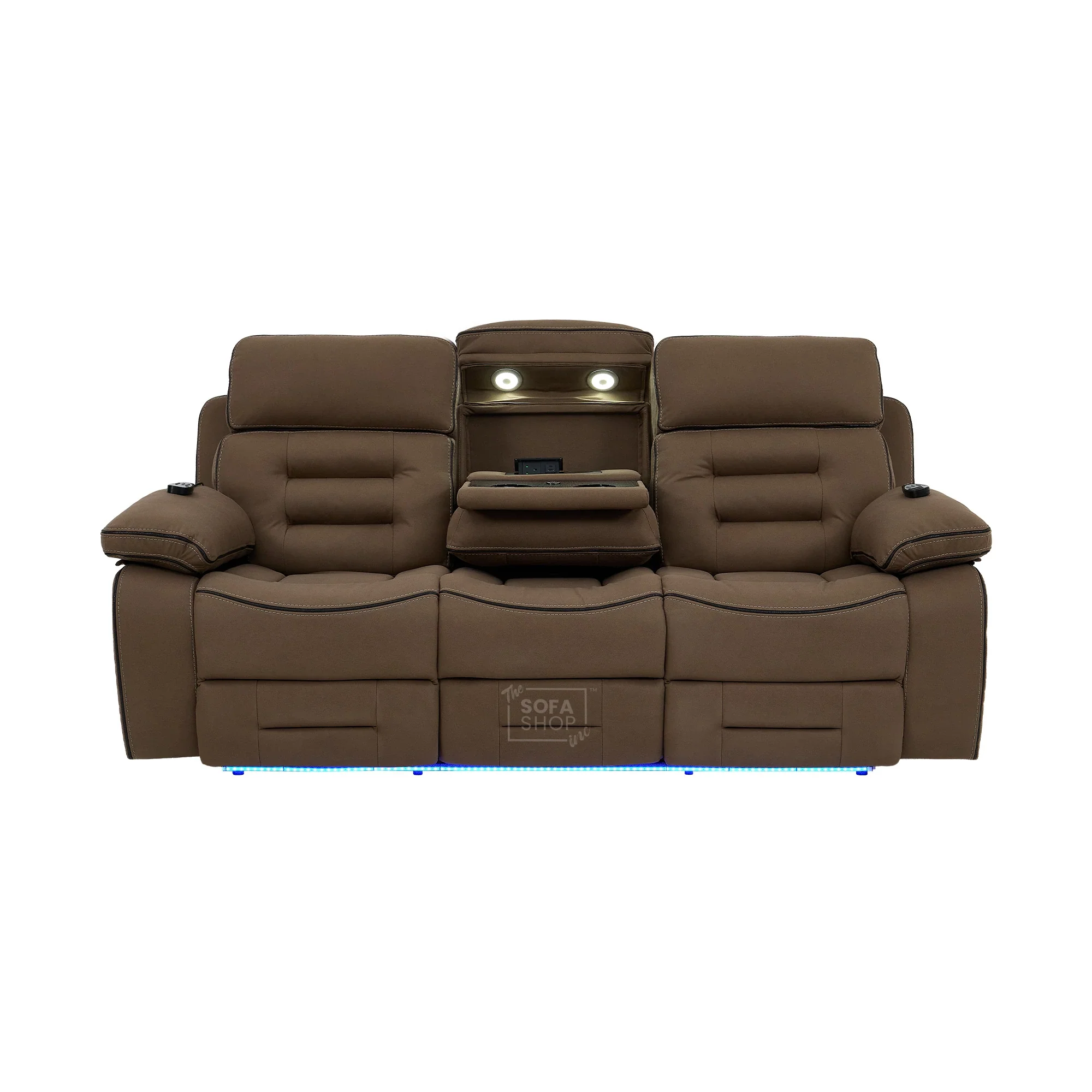 3 Seater Electric Recliner Cinema Sofa in Mocha Brown Fabric | Hi-Tech Sofa With Massage, Heat, Fold-Down Table, Bluetooth Speakers, LED Lights & Power Headrest | Tuscany | The Sofa Shop - Image 23