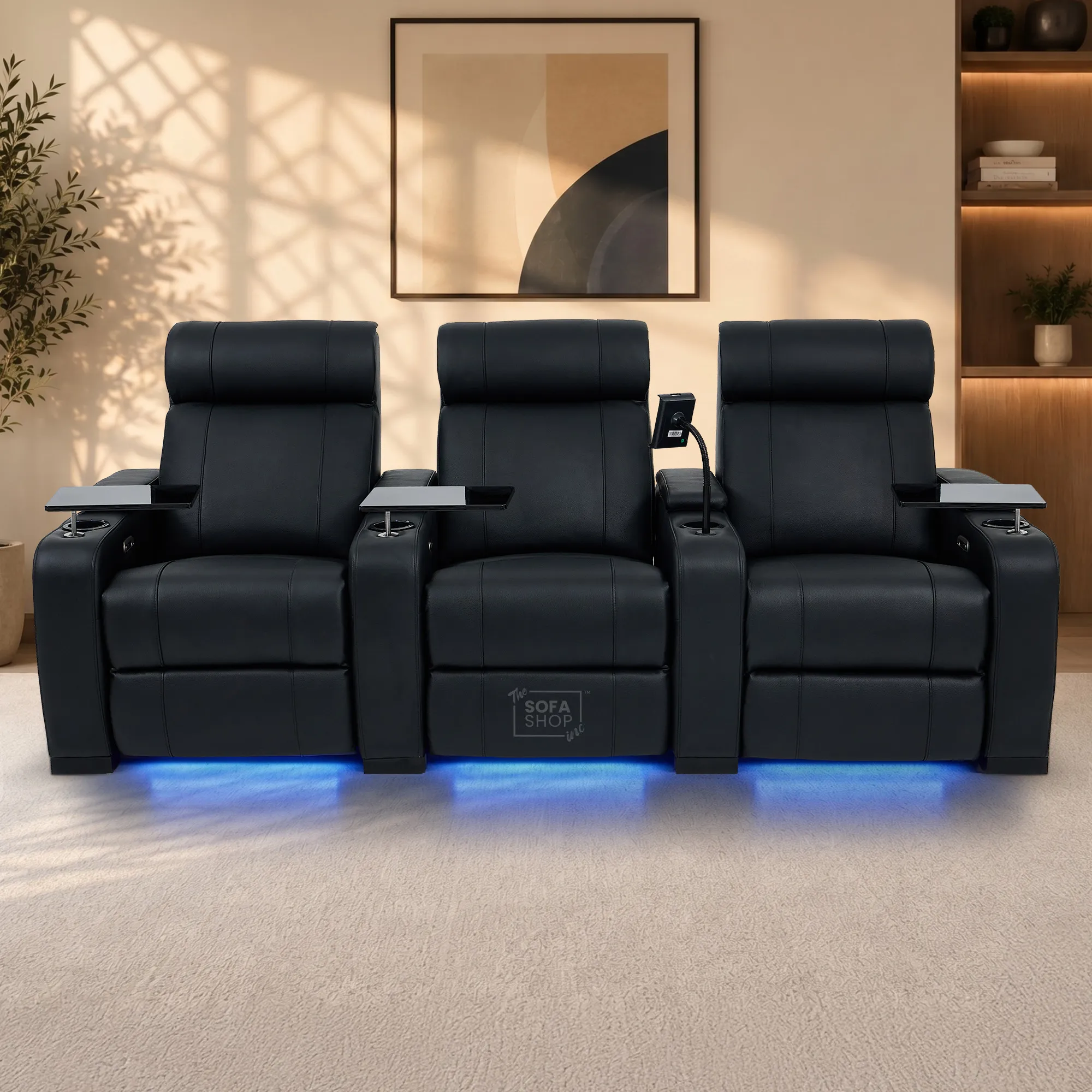 3 Seater Black Real Leather Power Recline Cinema Sofa | Hi-Tech Sofa With Vibration Massage, Heated Lumbar & Cooler Cup Holders | Rimini | The Sofa Shop - Image 2