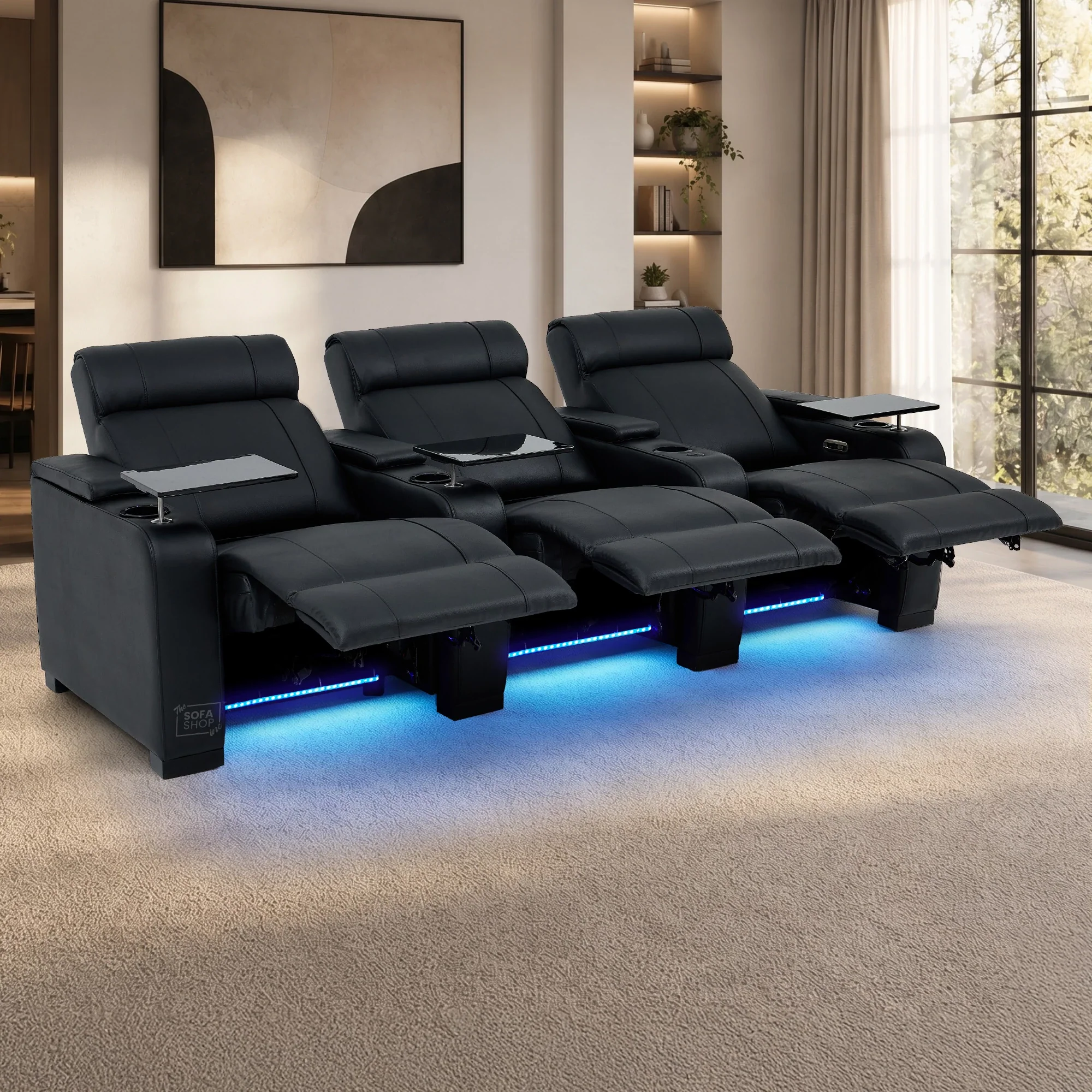 3 Seater Black Real Leather Power Recline Cinema Sofa | Hi-Tech Sofa With Vibration Massage, Heated Lumbar & Cooler Cup Holders | Rimini | The Sofa Shop - Image 3