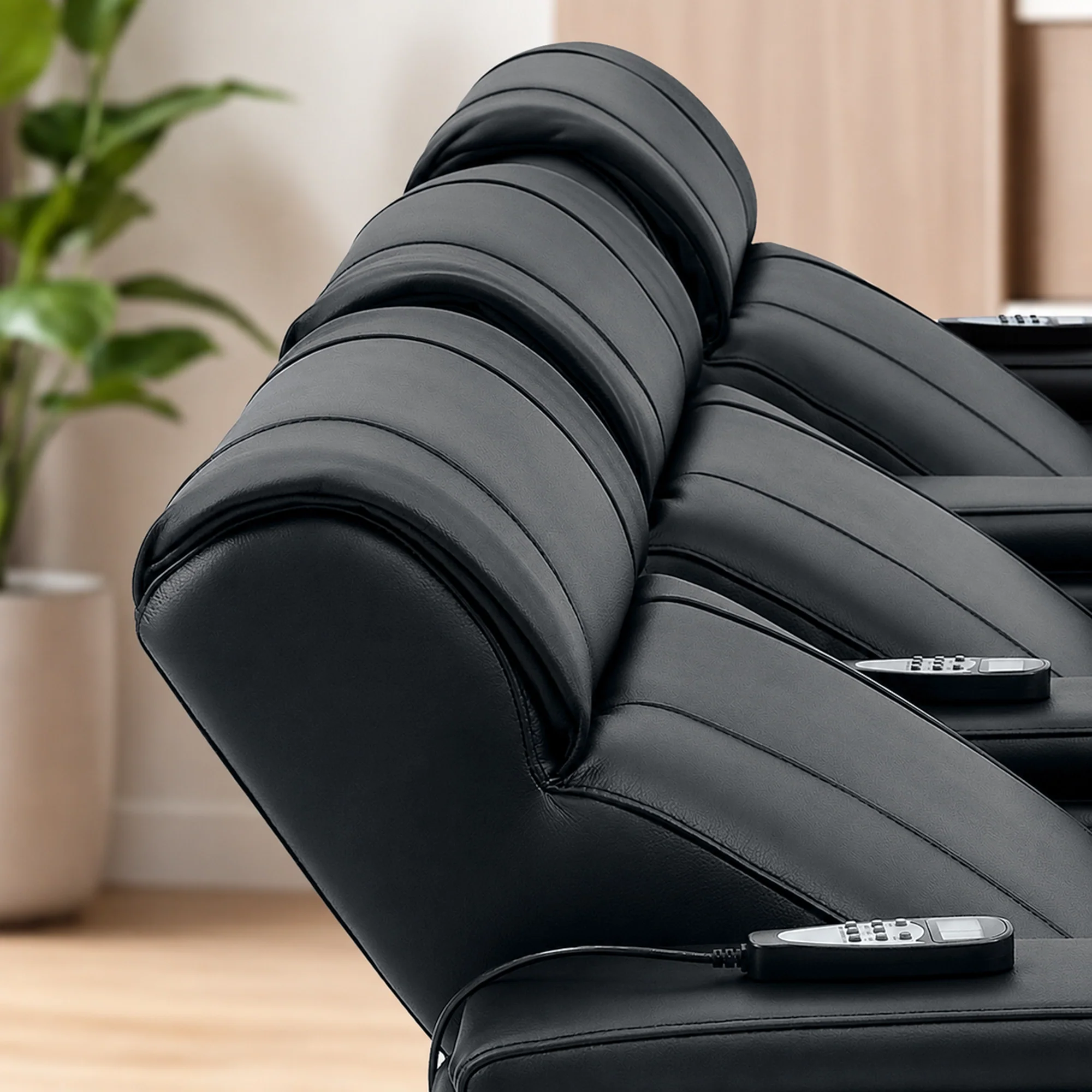 3 Seater Black Real Leather Power Recline Cinema Sofa | Hi-Tech Sofa With Vibration Massage, Heated Lumbar & Cooler Cup Holders | Rimini | The Sofa Shop - Image 5