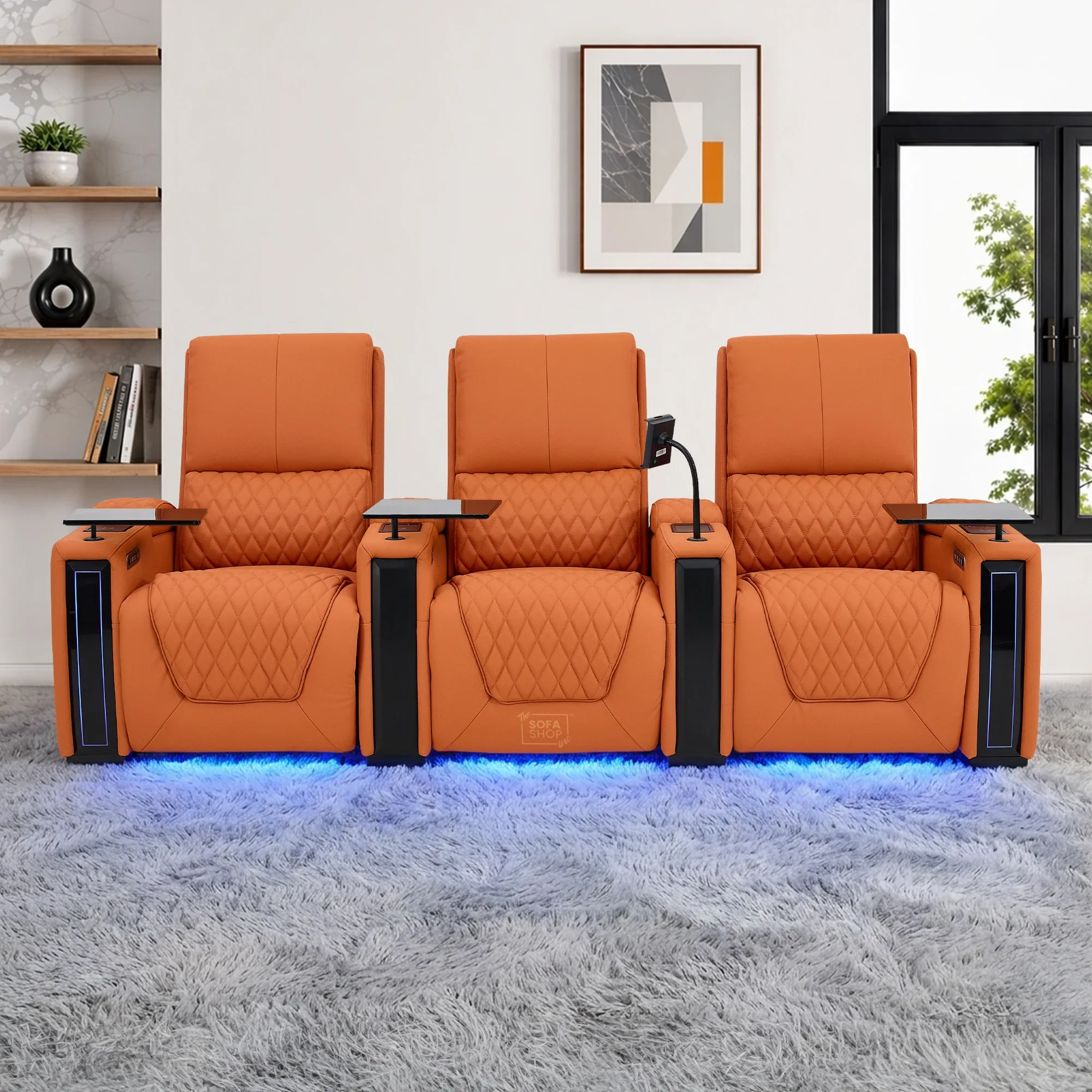 3 Seater Real Leather Electric Recliner Cinema Sofa in Orange | Hi-Tech Couch With Power Lumbar, Wireless Charging, USB+C, Cooling & Heating Cupholders | Assisi | The Sofa Shop - Image 2
