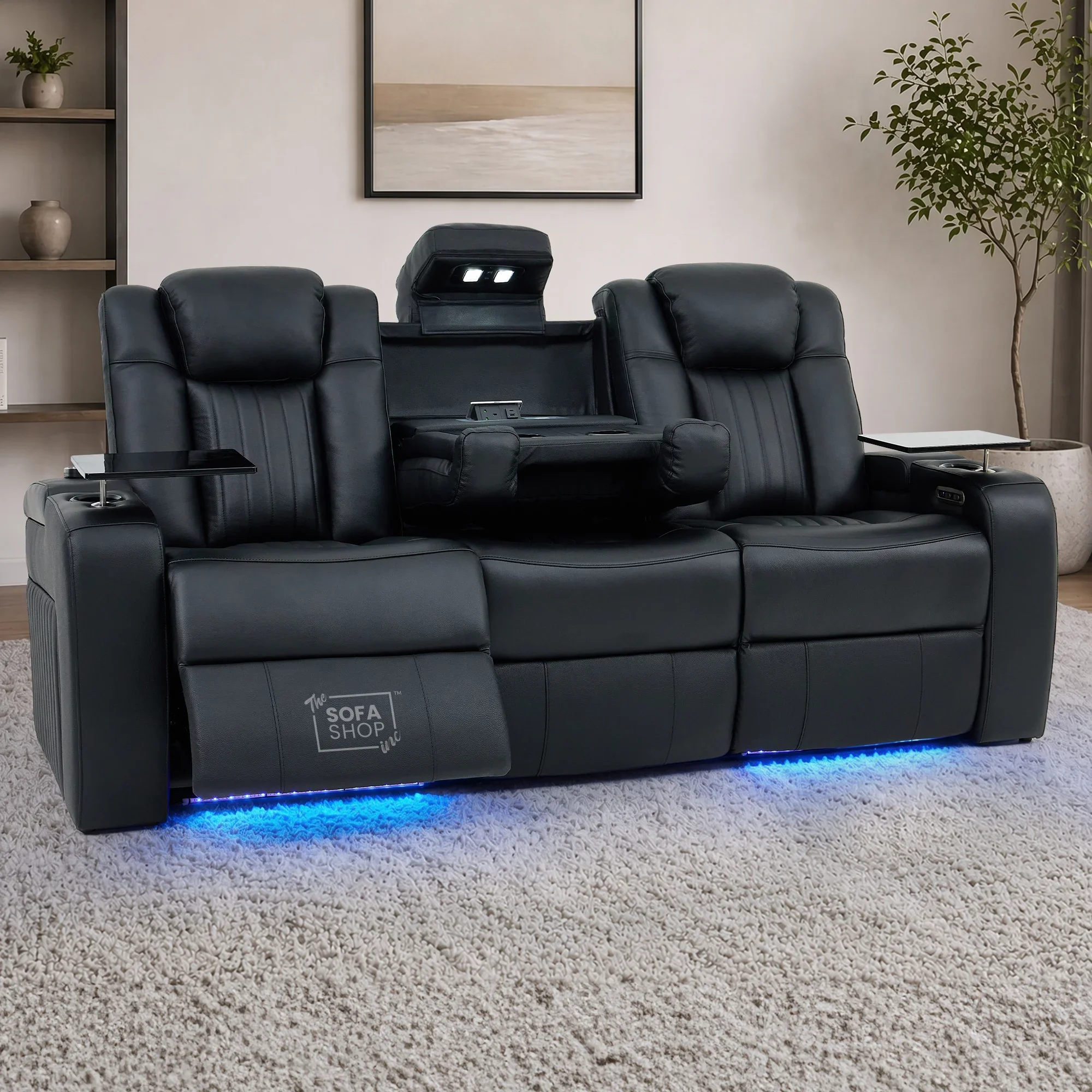 Cinema Sofa in Black Genuine Leather | Hi-Tech Cinema Sofa with Power Recline + Power Headrests + Sockets + Wireless Charging + Vibration Massage | Capri | The Sofa Shop