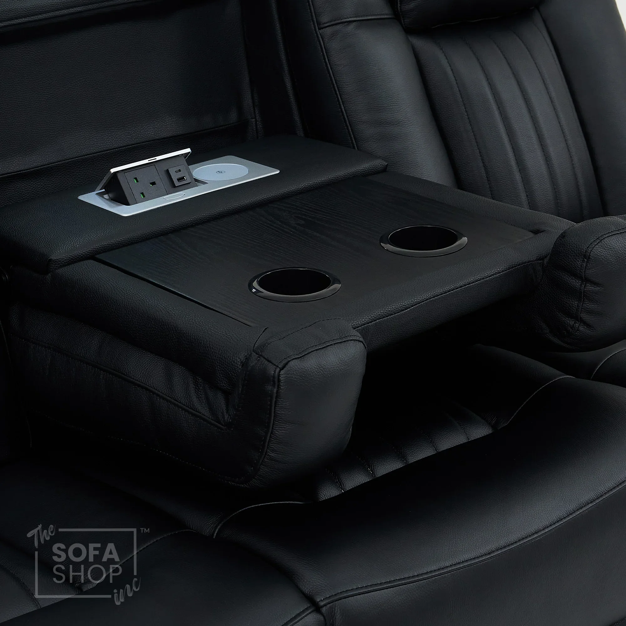 Cinema Sofa in Black Genuine Leather | Hi-Tech Cinema Sofa with Power Recline + Power Headrests + Sockets + Wireless Charging + Vibration Massage | Capri | The Sofa Shop - Image 13